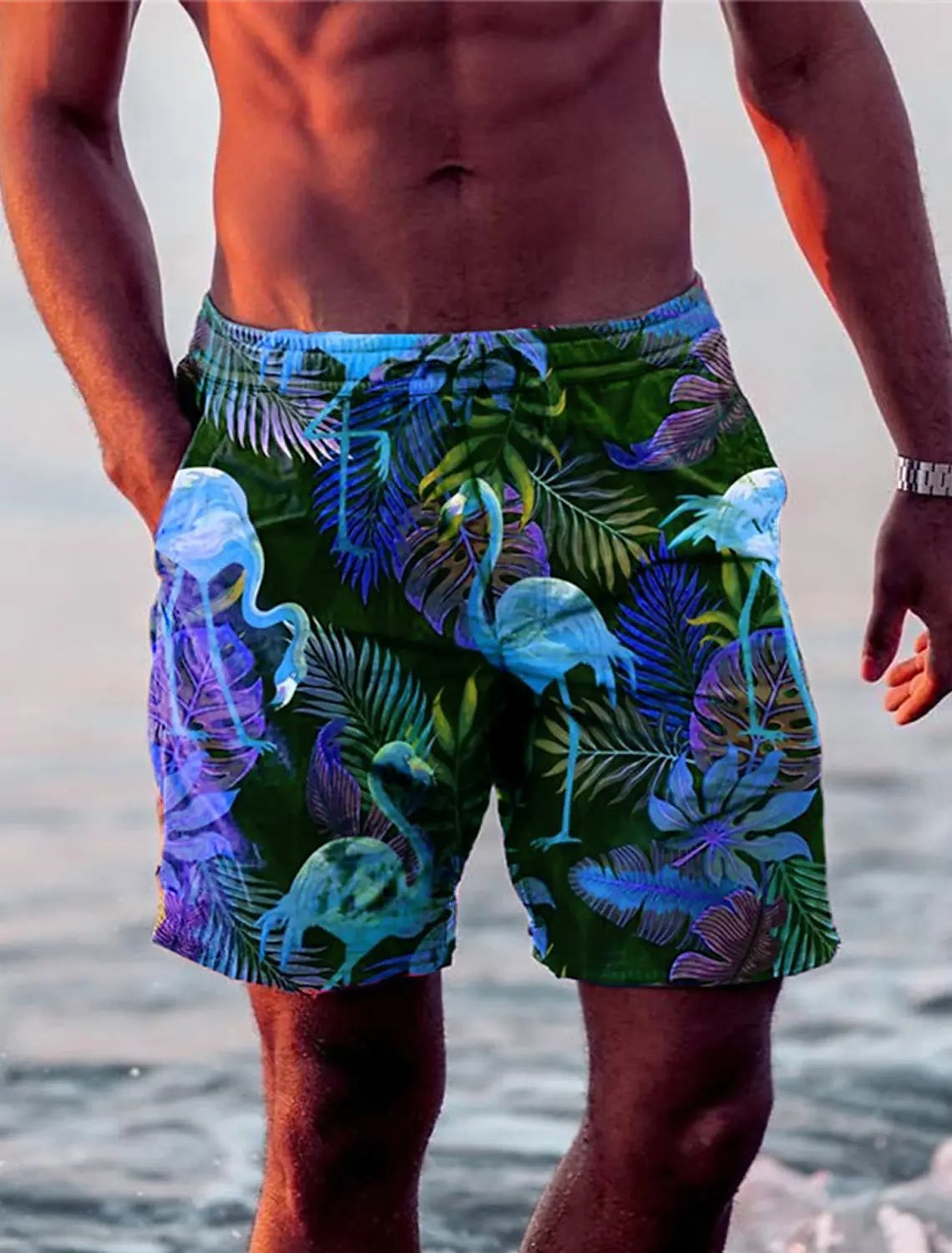 Holiday Hawaiian Mens Swim Trunks Leaf Flamingo Graphics Quick Drying Micro elastic Drawstring Sho