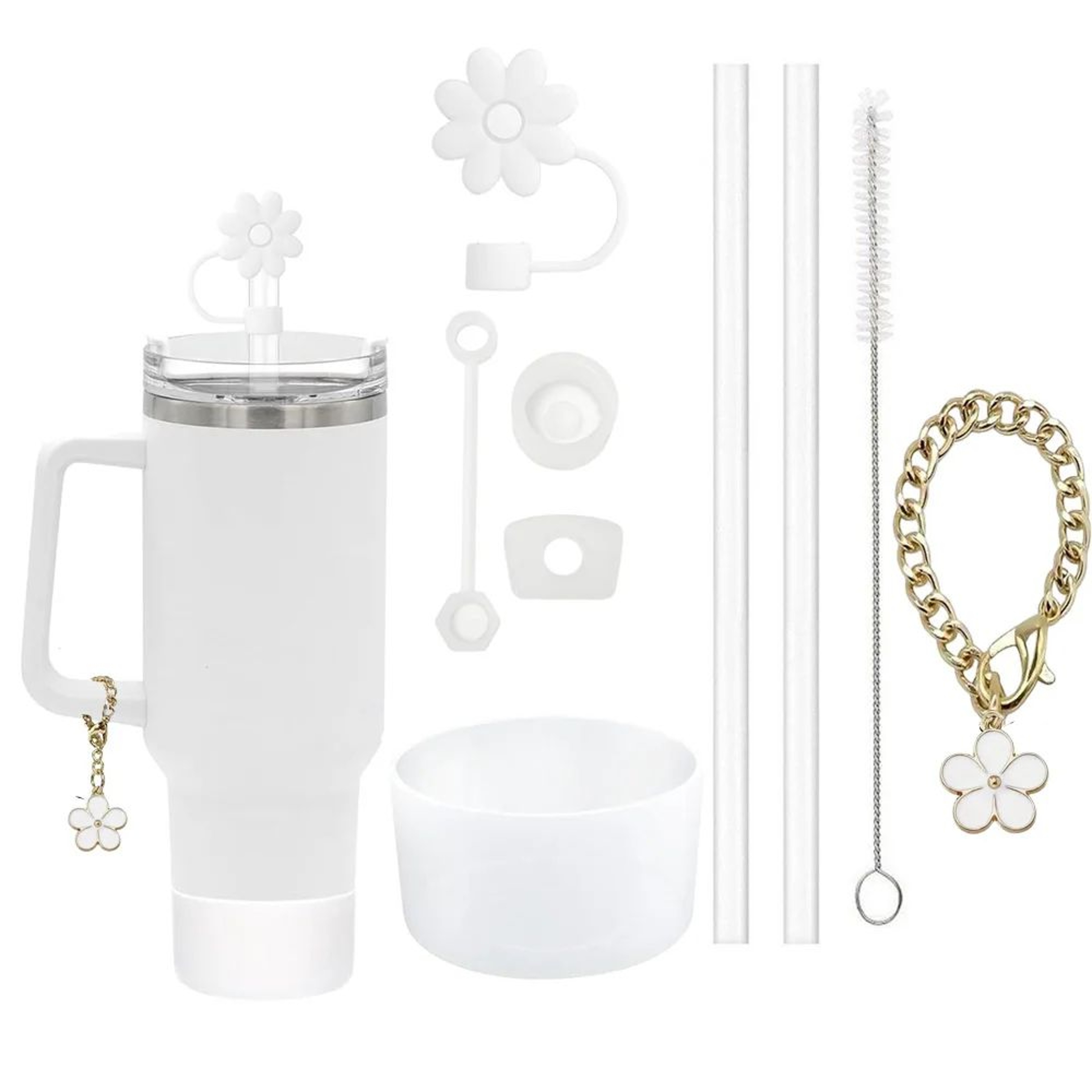 Stanley Cup Accessories Set  3 SpillProof Stoppers Flower Straw Cover Silicone Boot 2 Straws Brush  10