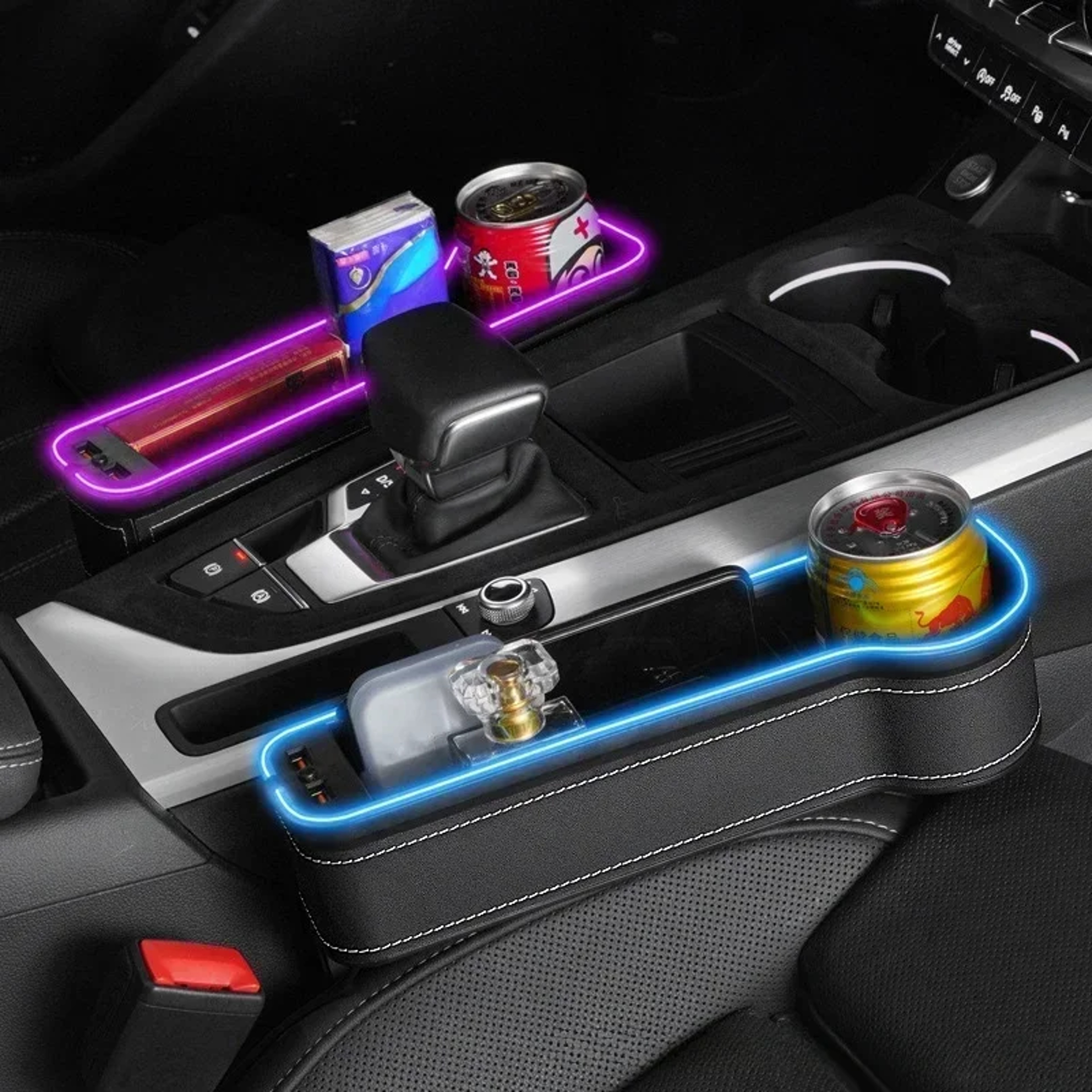 LED Car Seat Gap Storage Box with 2 USB Chargers, Multi-Function Seat Organizer Pocket for Phone, Bottle, Cards & Cup – view 1