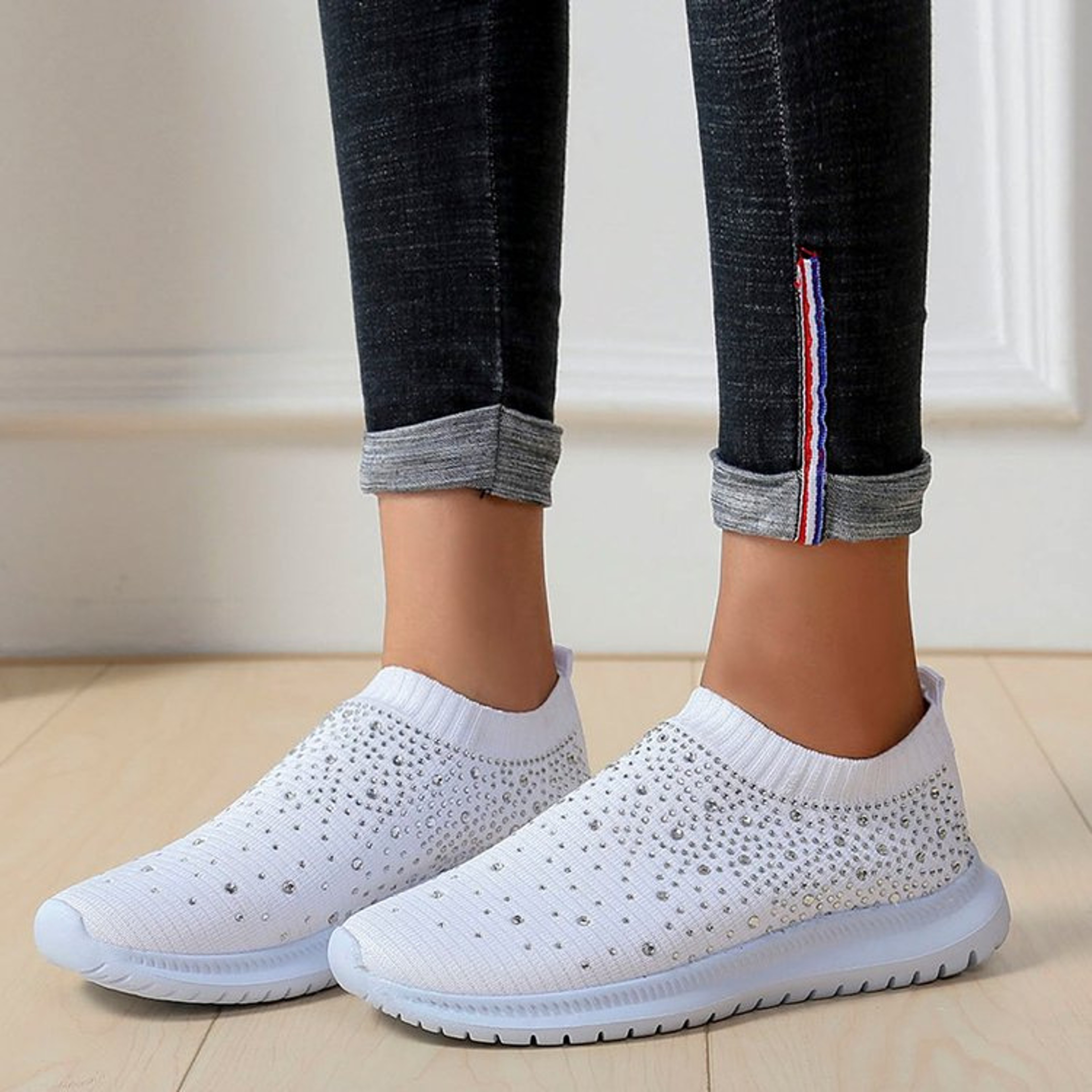 Women Fashion Crystal Sneakers Mesh Slip On Flat Shoes Breathable Outdoor Walking Loafers Comfortab 5