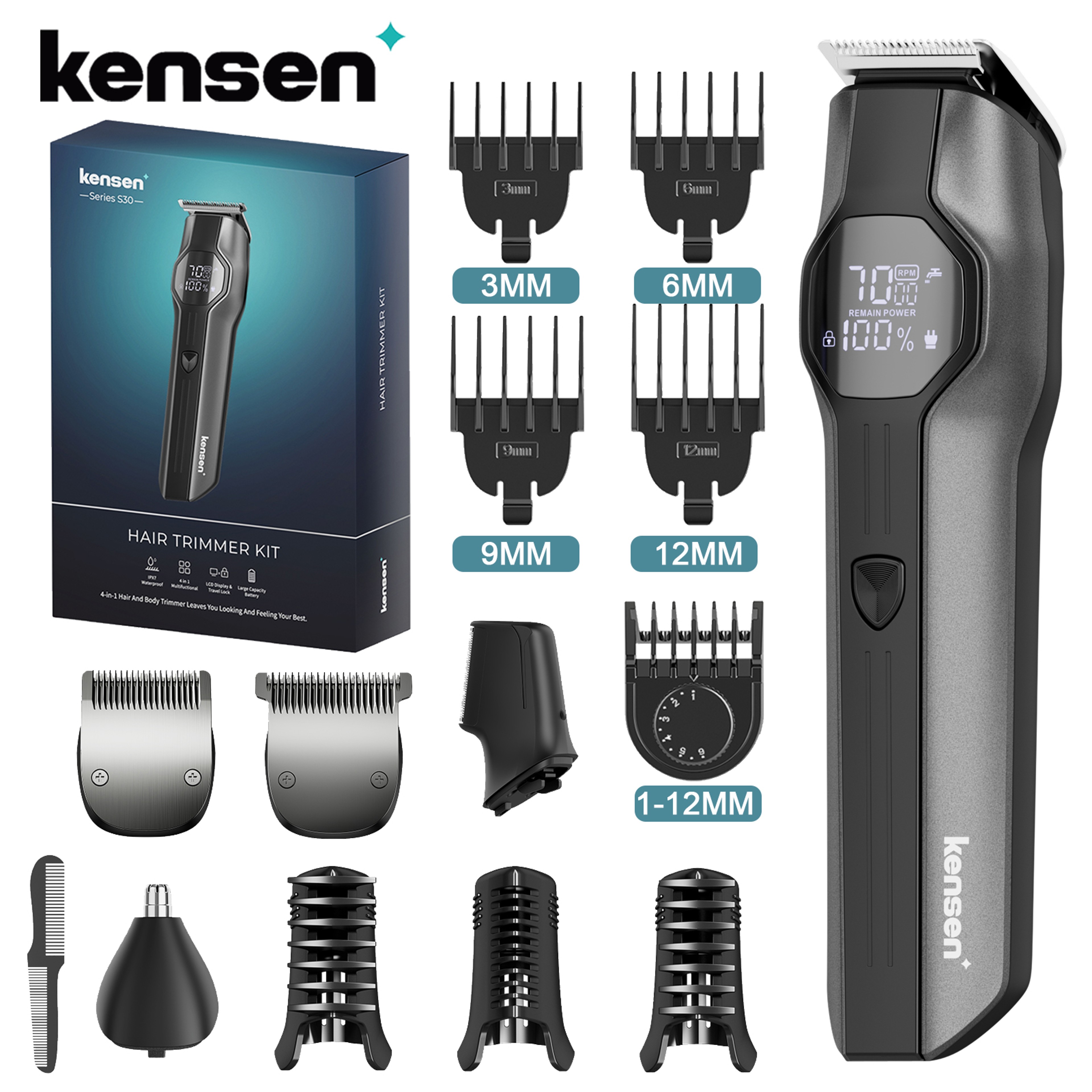 Rechargeable Cordless Hair Clipper Beard Nose Trimmer Set Waterproof Hair Cutting Machine with LED Display for Men Groom – view 1