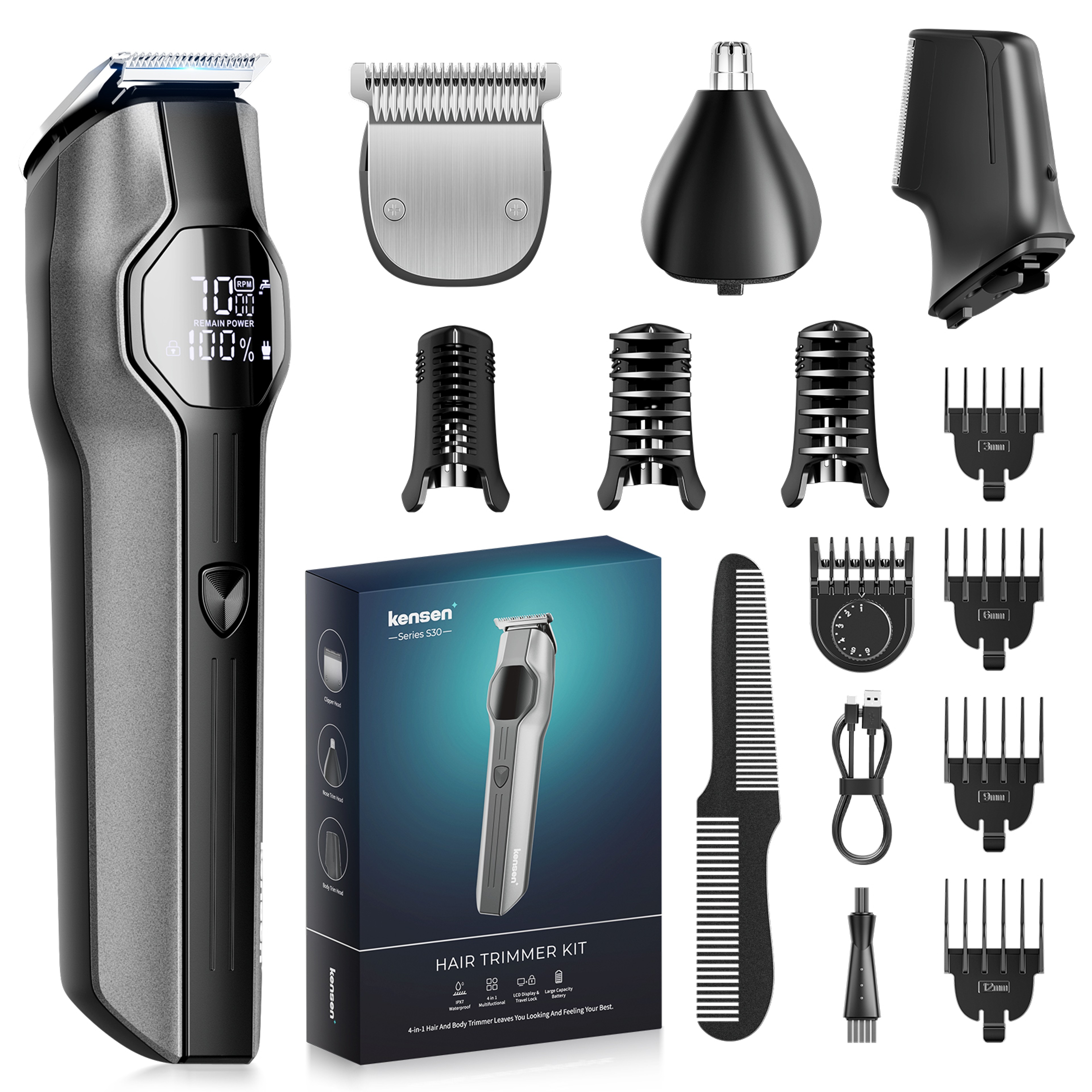 Rechargeable Cordless Hair Clipper Beard Nose Trimmer Set Waterproof Hair Cutting Machine with LED Display for Men Groom – view 7