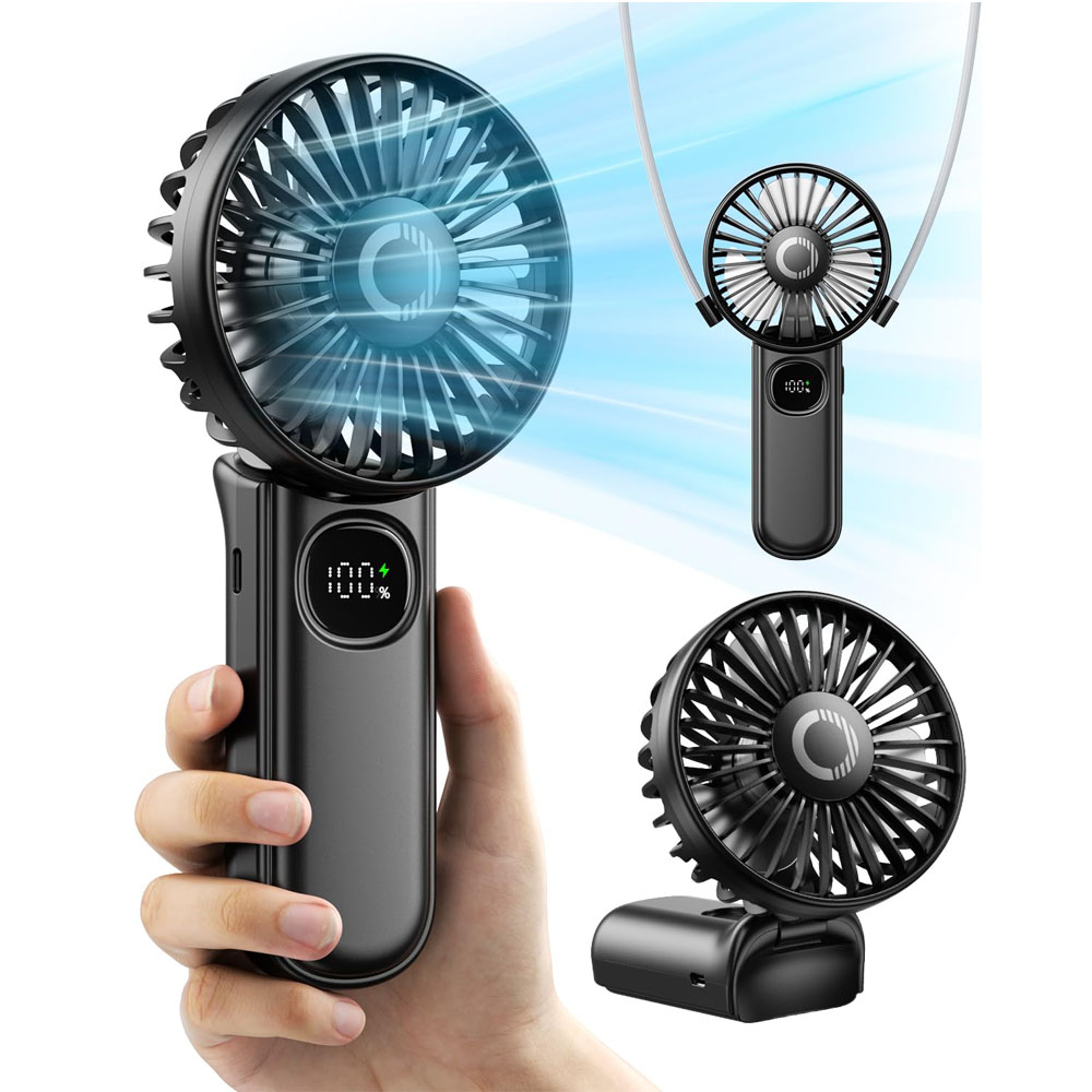 Portable Handheld Fan with LED Display, Foldable 3000mAh Rechargeable Battery Mini Fan for Outdoor, Beach & Travel – view 1