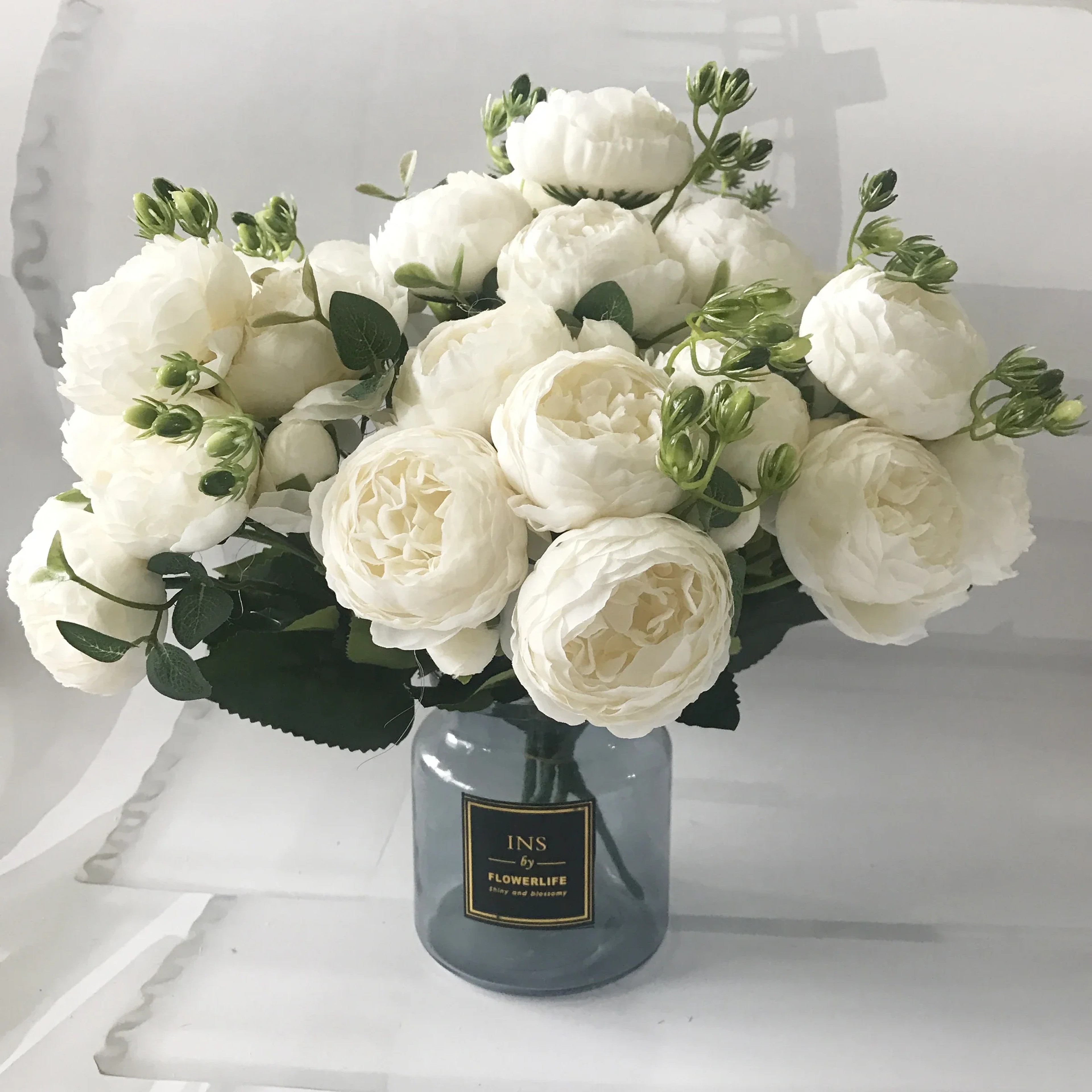 Artificial Peony Flower Bouquet Rose Pink Silk with 5 Large Heads & 4 Buds, Realistic Fake Flowers for Home Decor – view 2