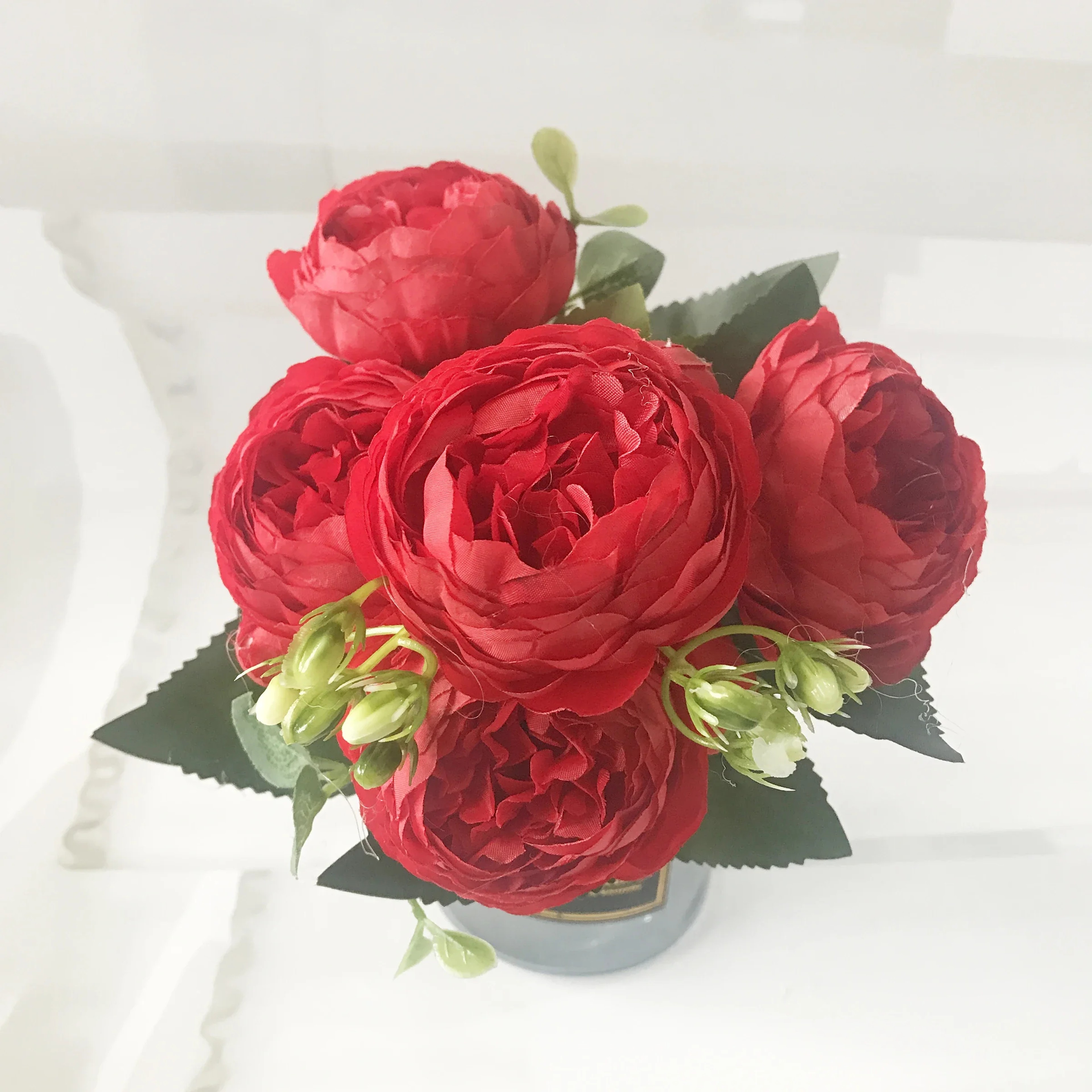 Artificial Peony Flower Bouquet Rose Pink Silk with 5 Large Heads & 4 Buds, Realistic Fake Flowers for Home Decor – view 7