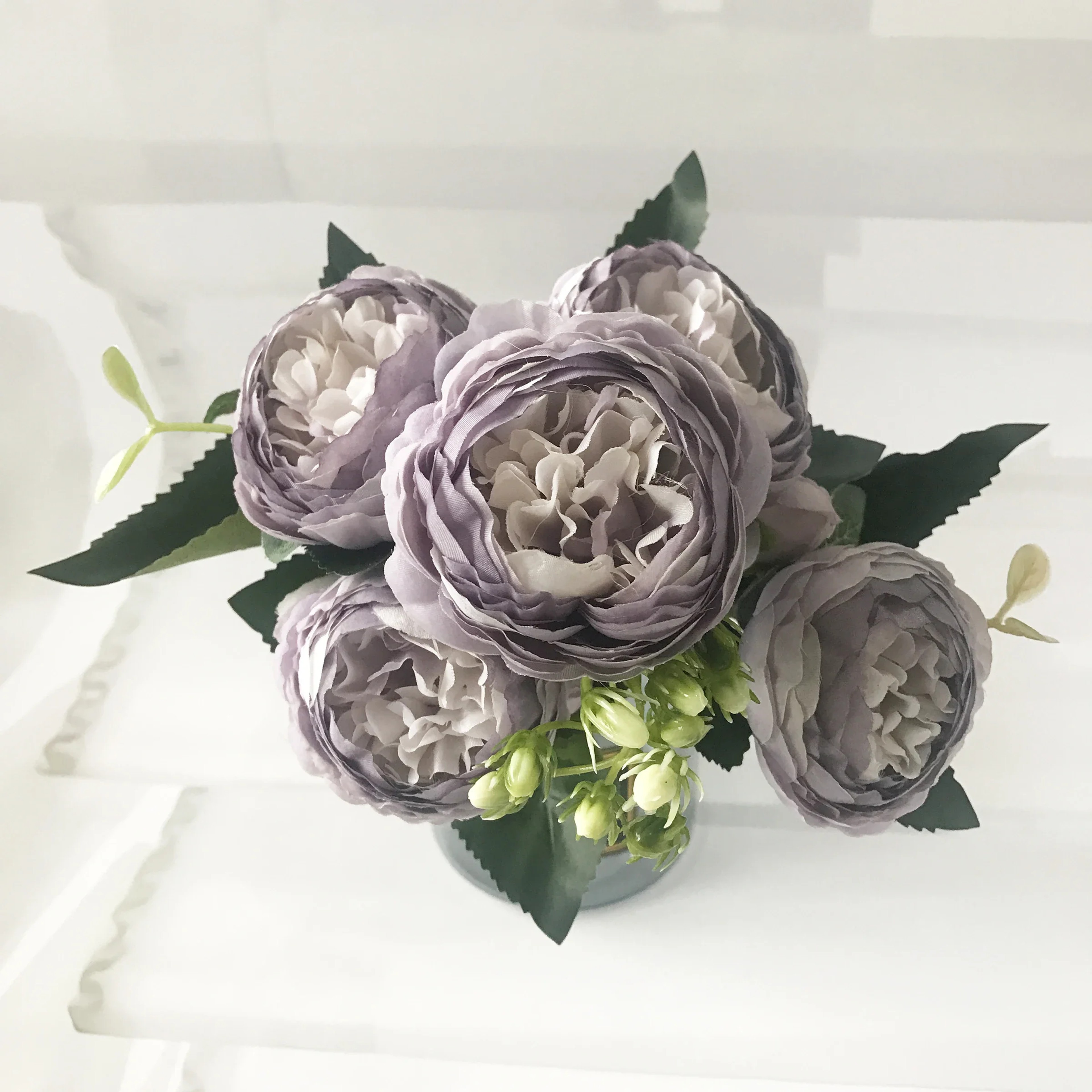 Artificial Peony Flower Bouquet Rose Pink Silk with 5 Large Heads & 4 Buds, Realistic Fake Flowers for Home Decor – view 14