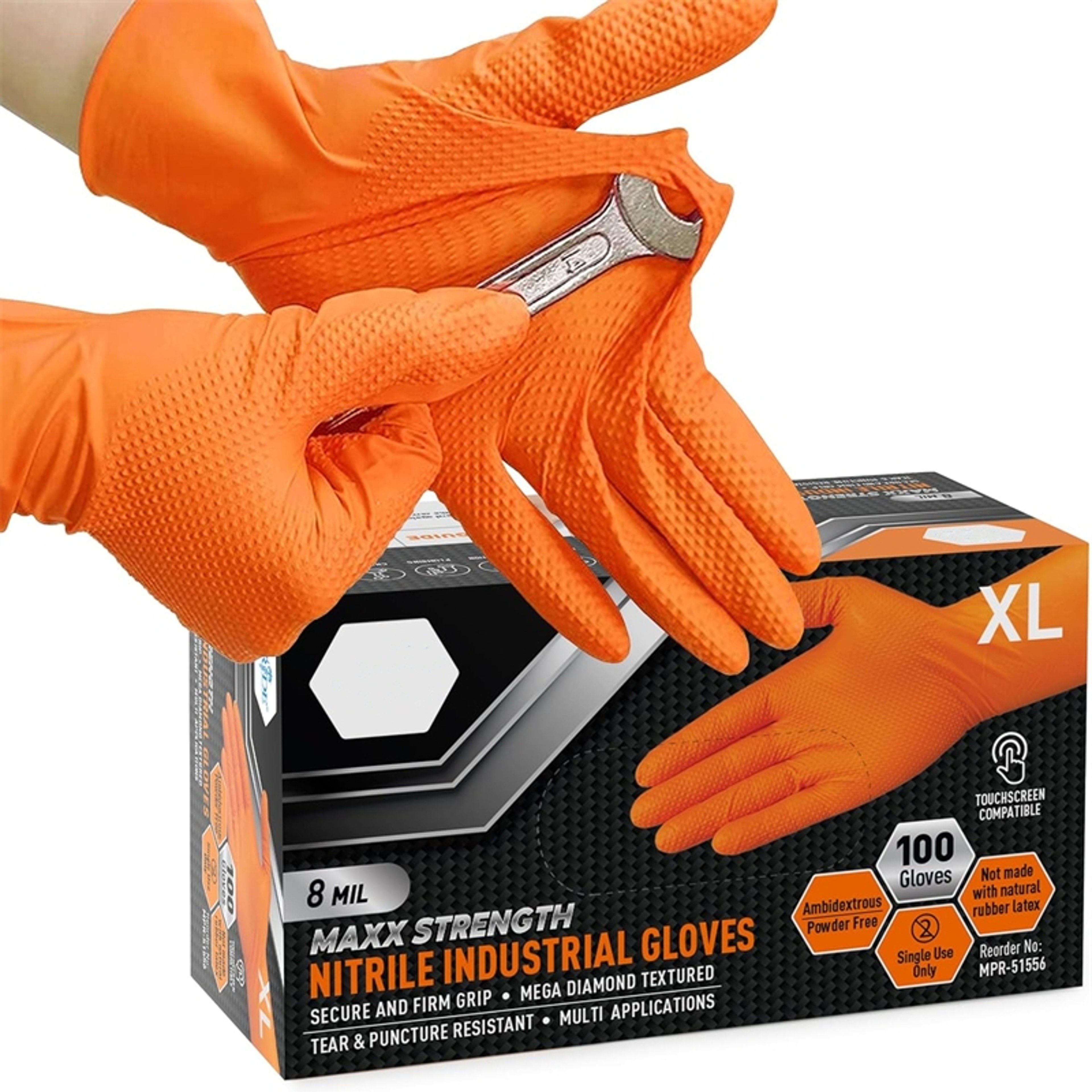 Heavy Duty Orange Nitrile Gloves 8Mil – Industrial Disposable Gloves with Diamond Grip for Mechanics & Safety Work – view 1