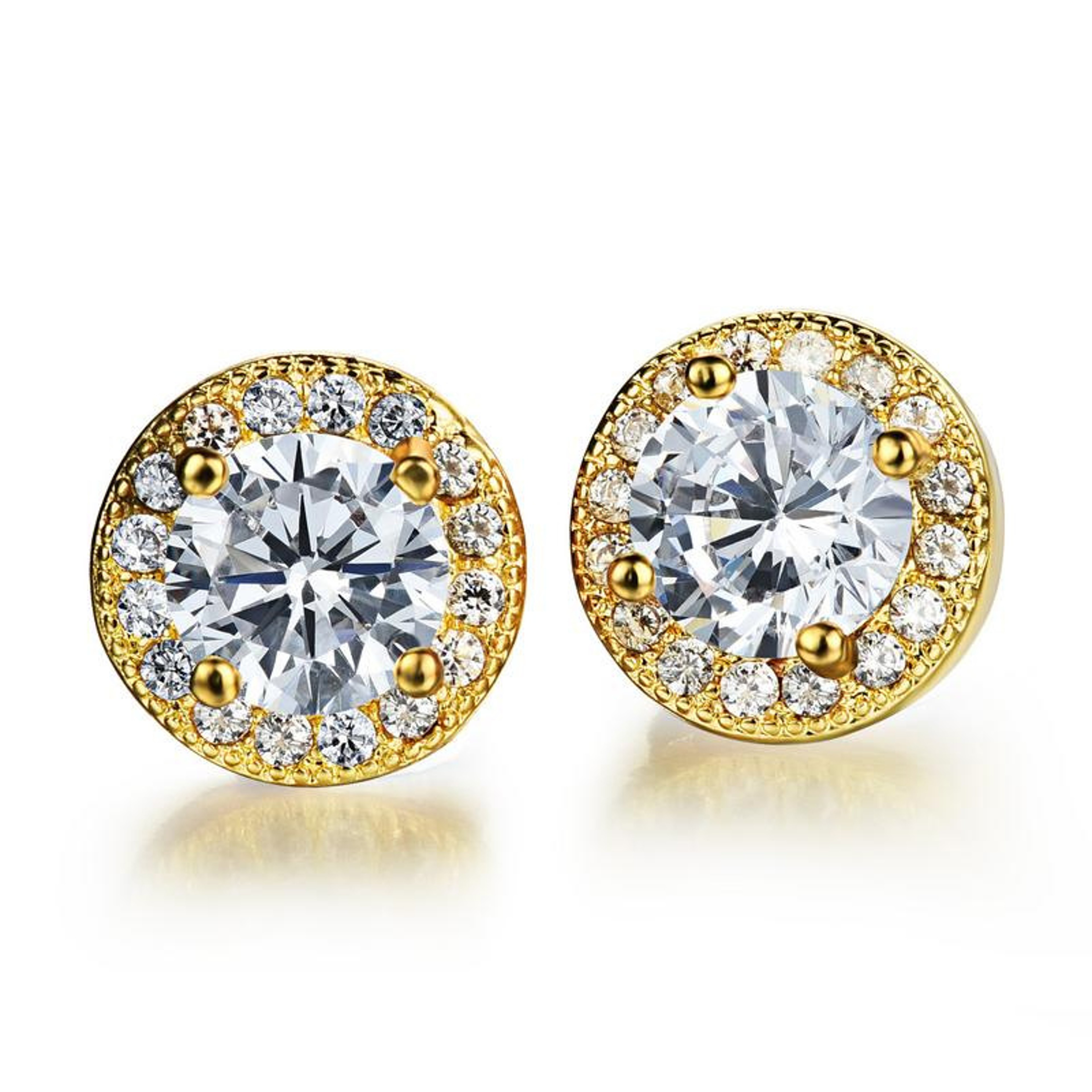 Luxury Crystal White Zircon Stud Earrings, Yellow Gold Vintage Round Crystal Studs, Luxury Wedding Jewelry for Women – view 4