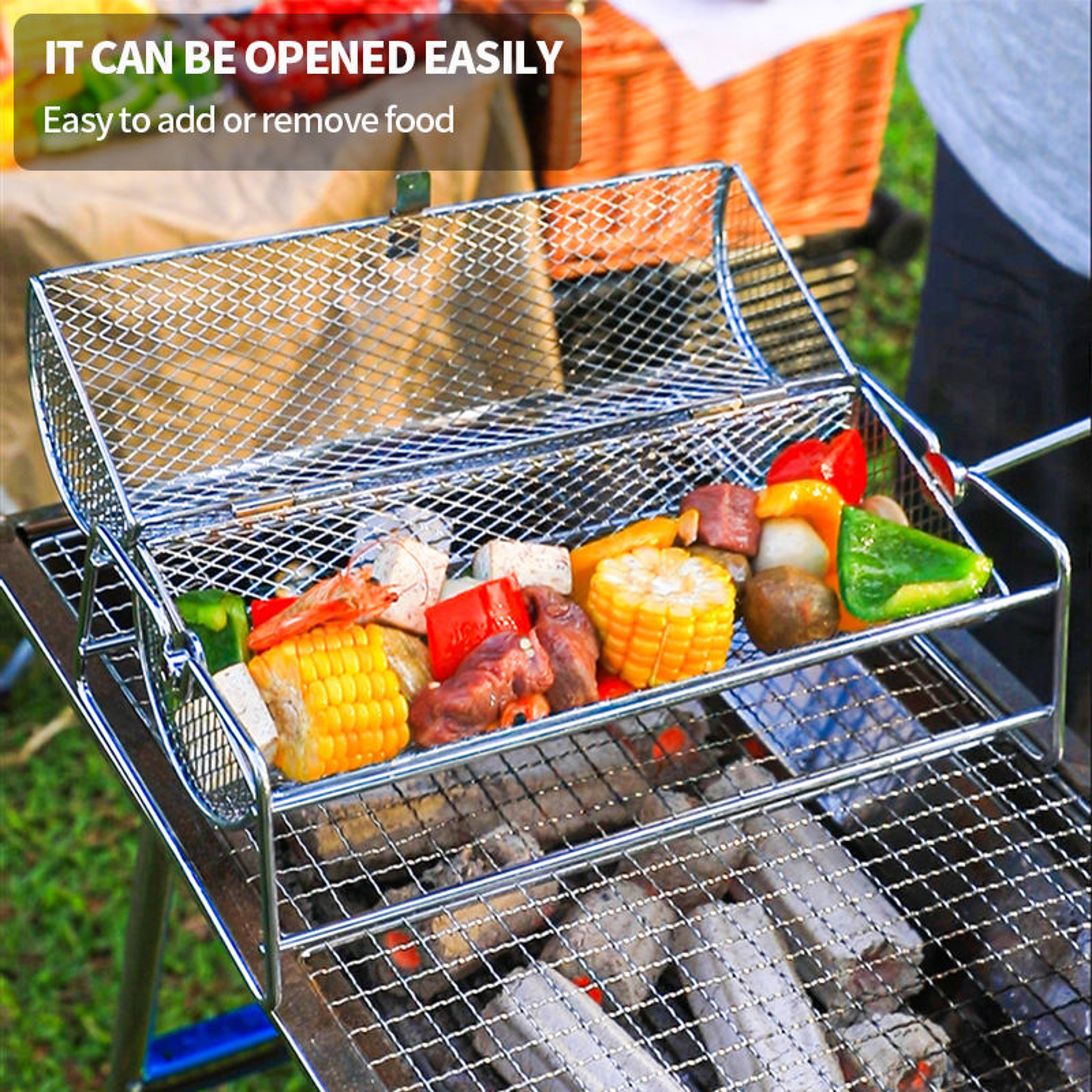 Heavy-Duty Stainless Steel Rotating Grill Basket, Perfect for Rotisserie-Style Roasting and Grilling – view 3