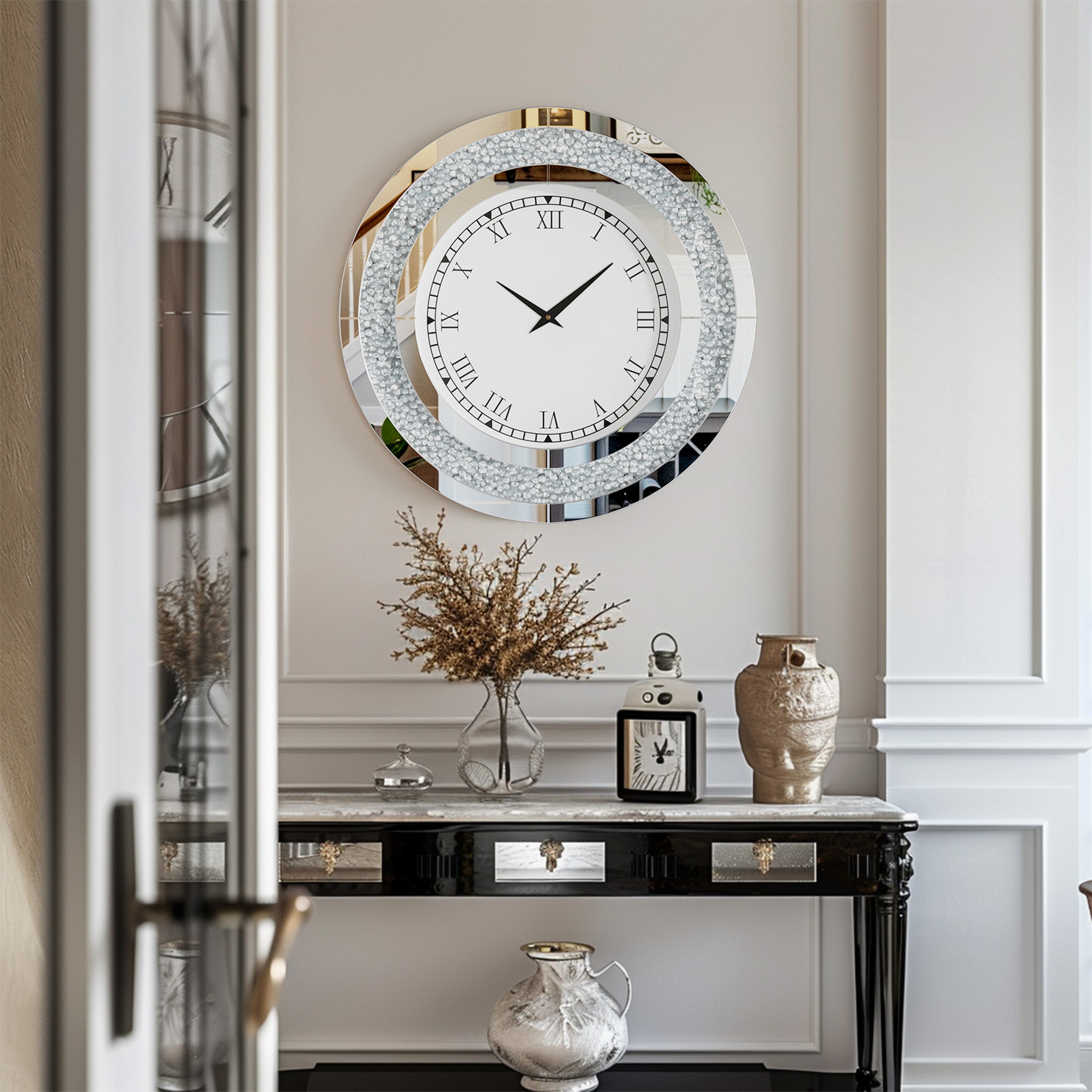 Crystal Sparkle Bling Diamond Wall Clock, Silver Tawny Tinted Round Mirror, Large Luxury Living Room Decorative Clock – view 4