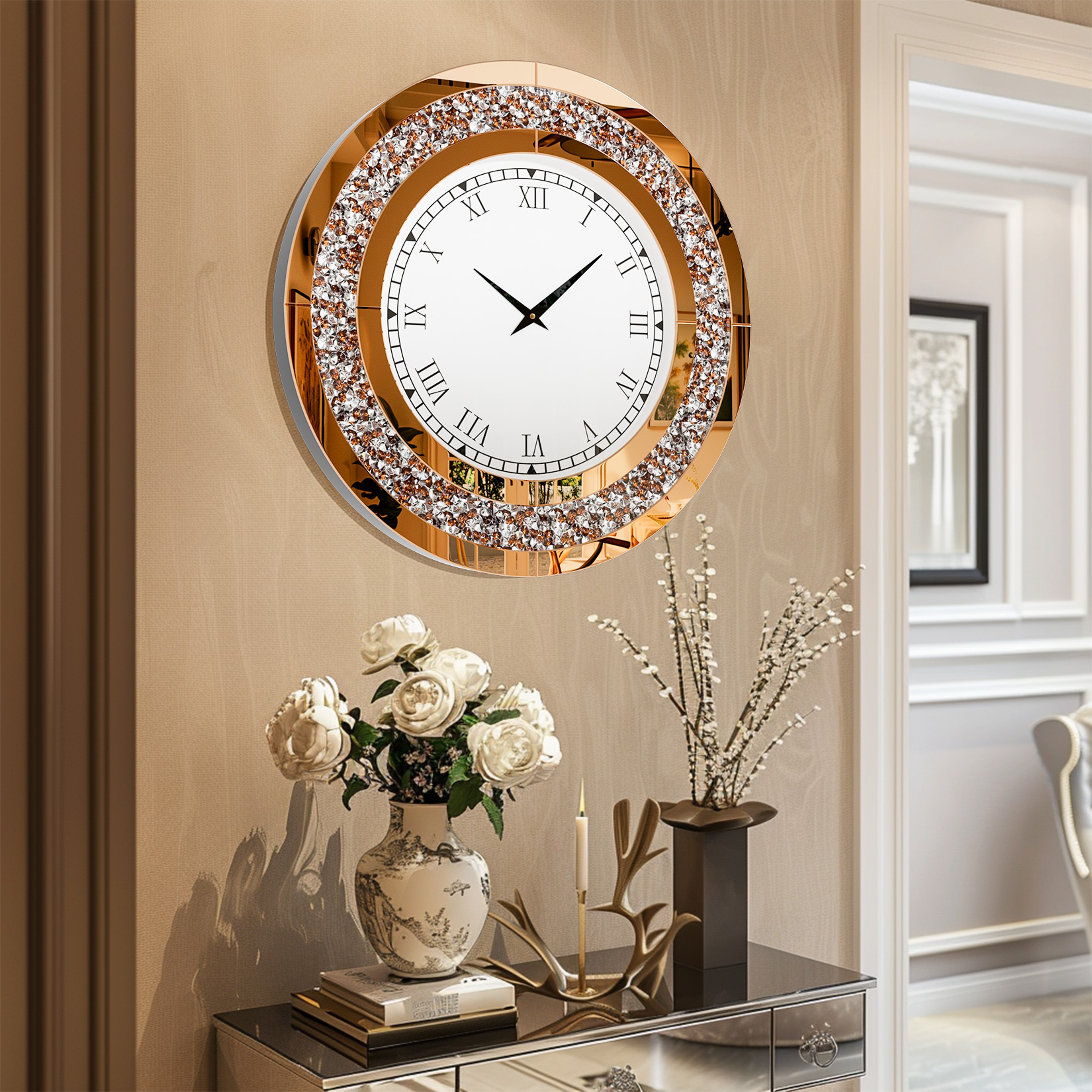 Crystal Sparkle Bling Diamond Wall Clock, Silver Tawny Tinted Round Mirror, Large Luxury Living Room Decorative Clock – view 7