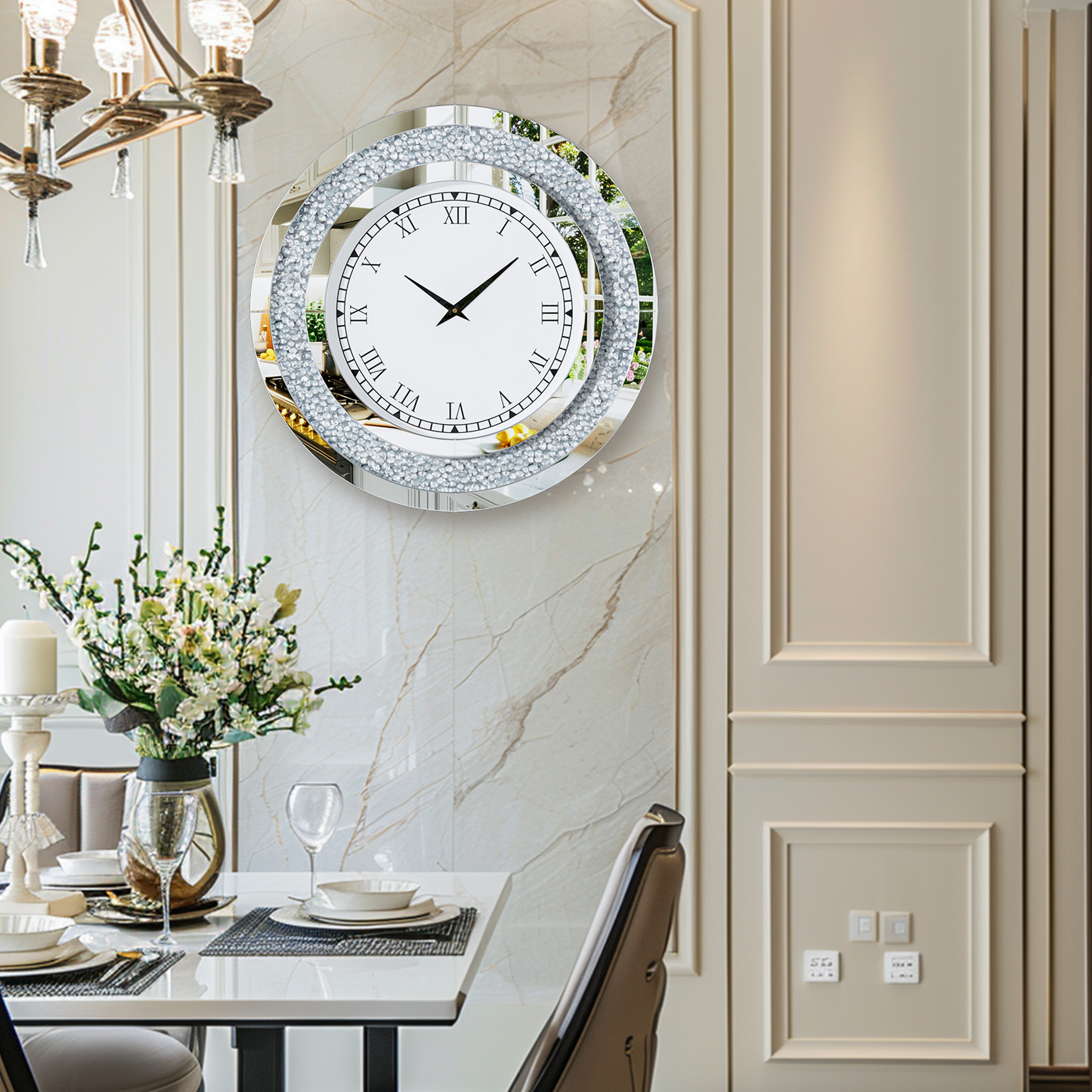 Crystal Sparkle Bling Diamond Wall Clock, Silver Tawny Tinted Round Mirror, Large Luxury Living Room Decorative Clock – view 8