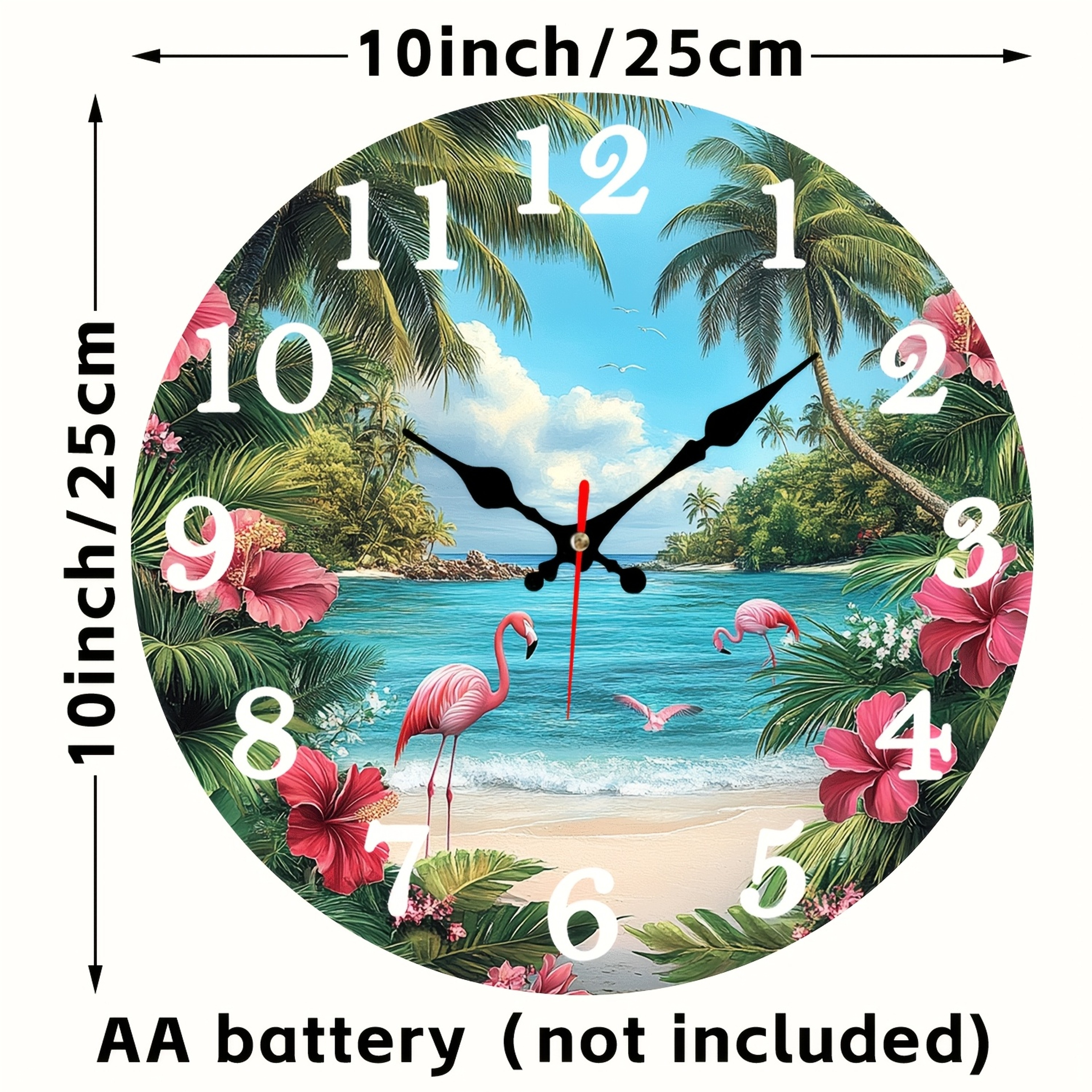 Silent Tropical Beach Flamingo Wall Clock, Battery Operated Round Digital Display Clock, Coastal Room Decor – view 2