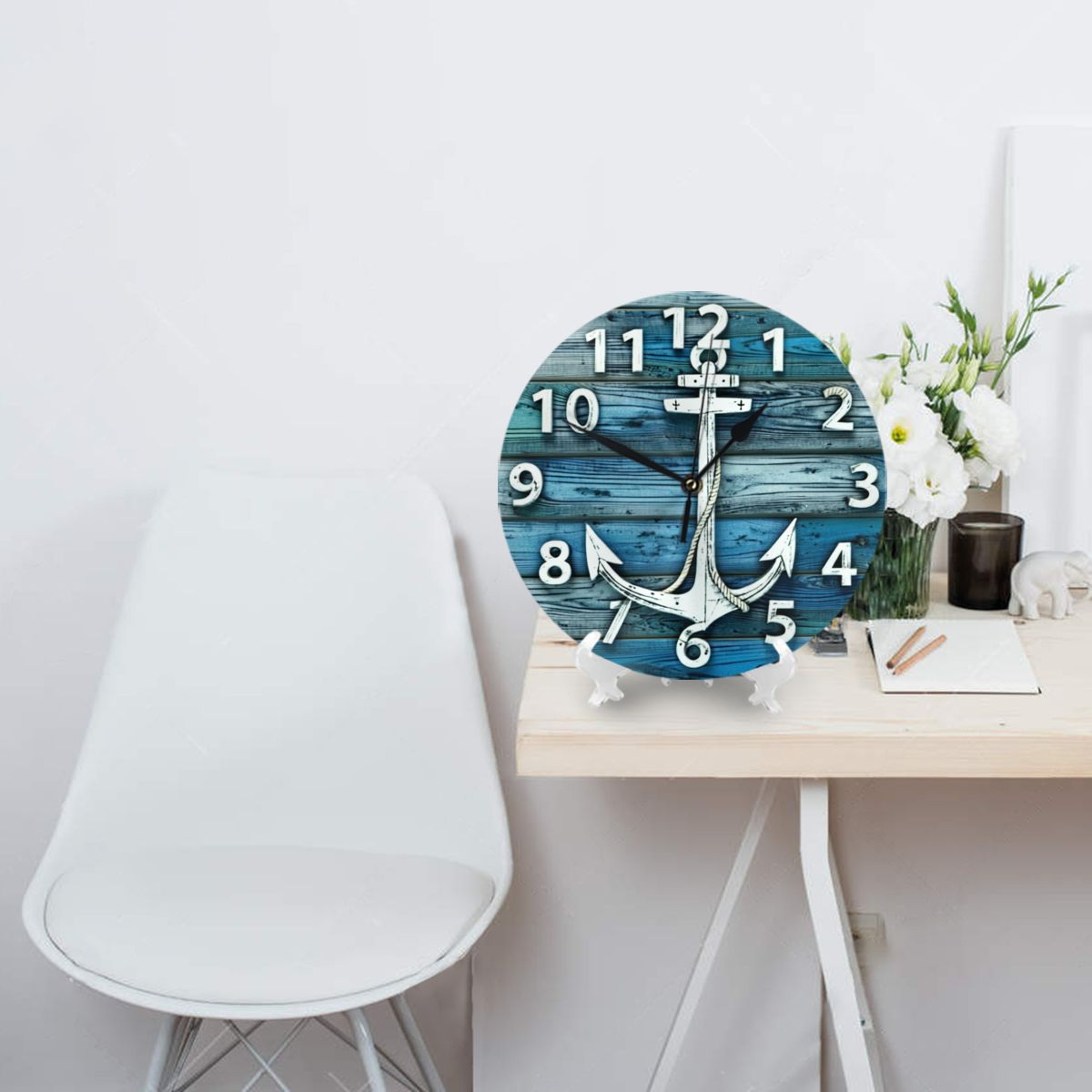 Decorative Nautical Anchor Beach Wall Clock, Navy Blue Bathroom Decor, Battery Operated Vintage Wall Clocks – view 3