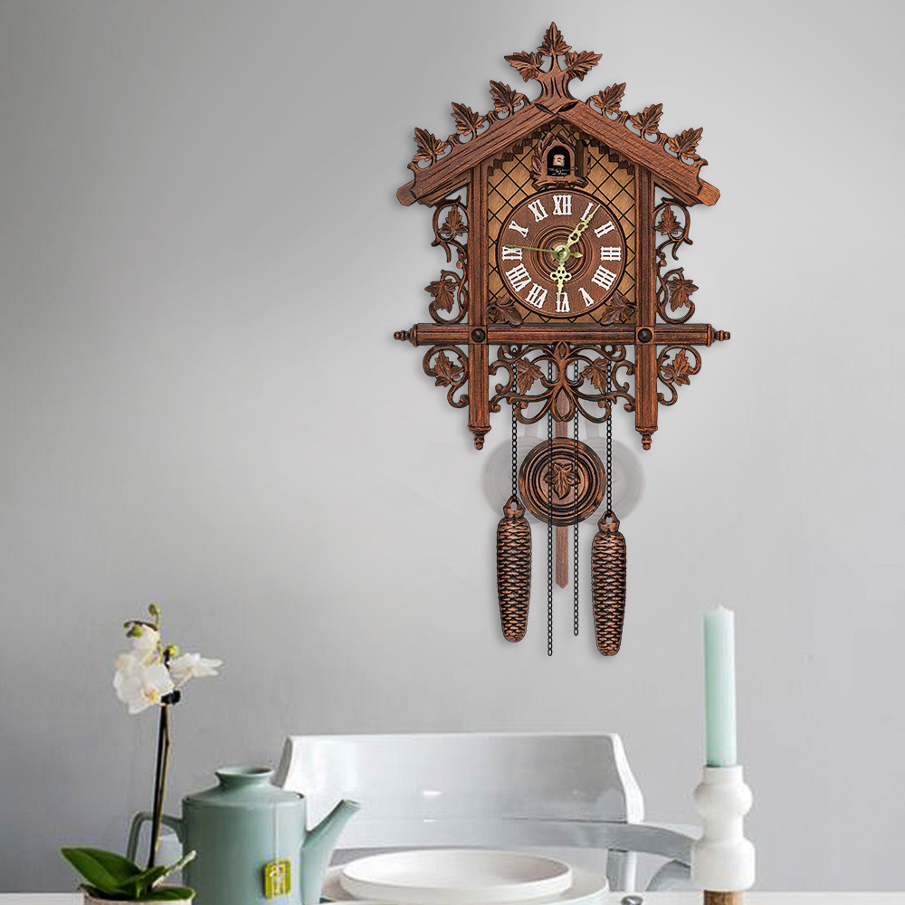 Handcrafted Vintage Cuckoo Clock Tree House Swing, MDF Wooden Wall Clock with Roman Numbers, Home Office Decor – view 3