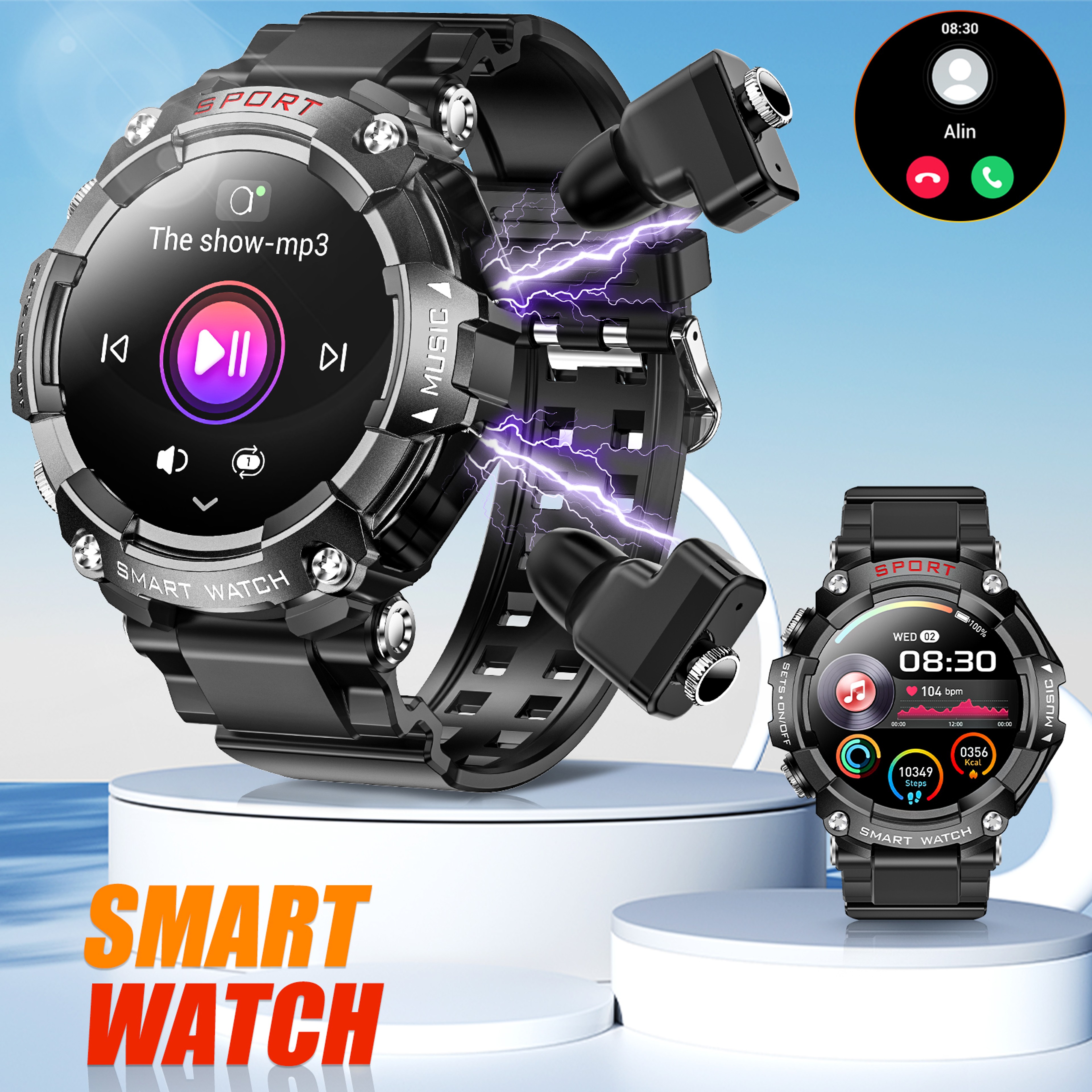 AMOLED Display Smart Watch with In-Ear Bluetooth Headset, Heart Rate, Blood Pressure, Oxygen Saturation, HD Audio – view 1