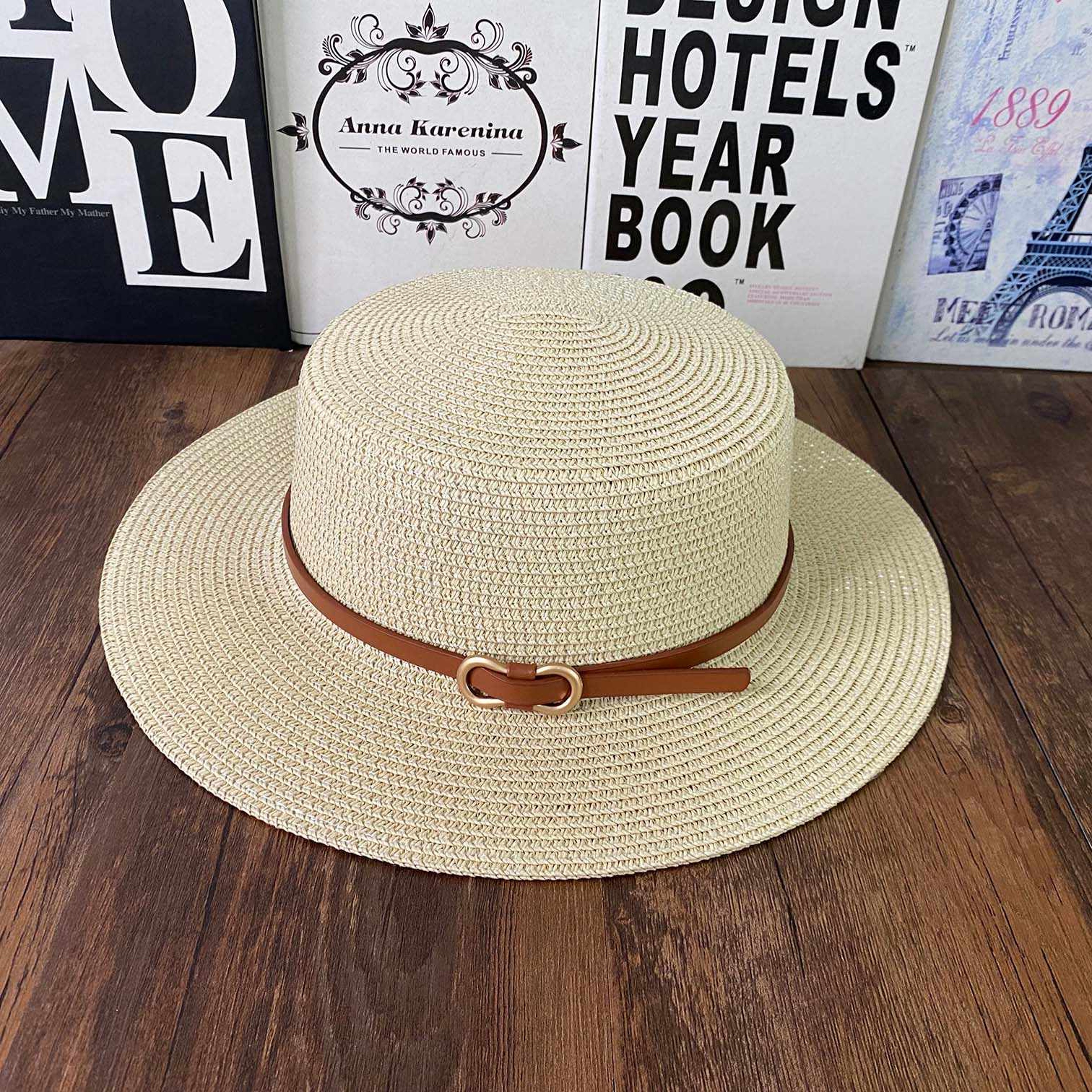 French Style Straw Sun Hat Women Summer Flat Top Brim, Adjustable UPF50 Plus, Elegant Beach Vacation Sun Protection – view 3