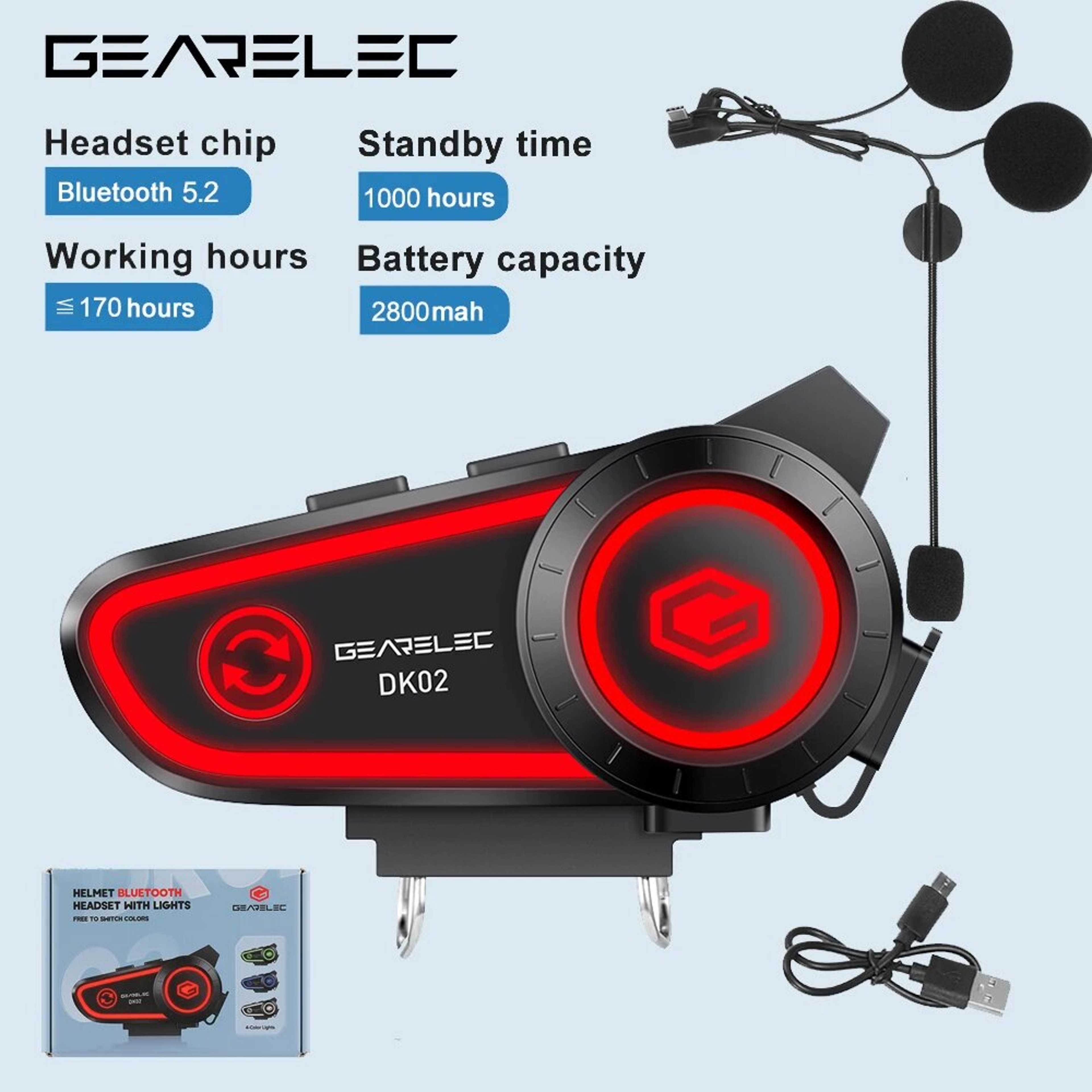 GEARELEC DK02 Motorcycle Helmet Headset, Stereo Bluetooth Hands-Free Call, IPX7 Waterproof, Tri-Color Ambient Light – view 1