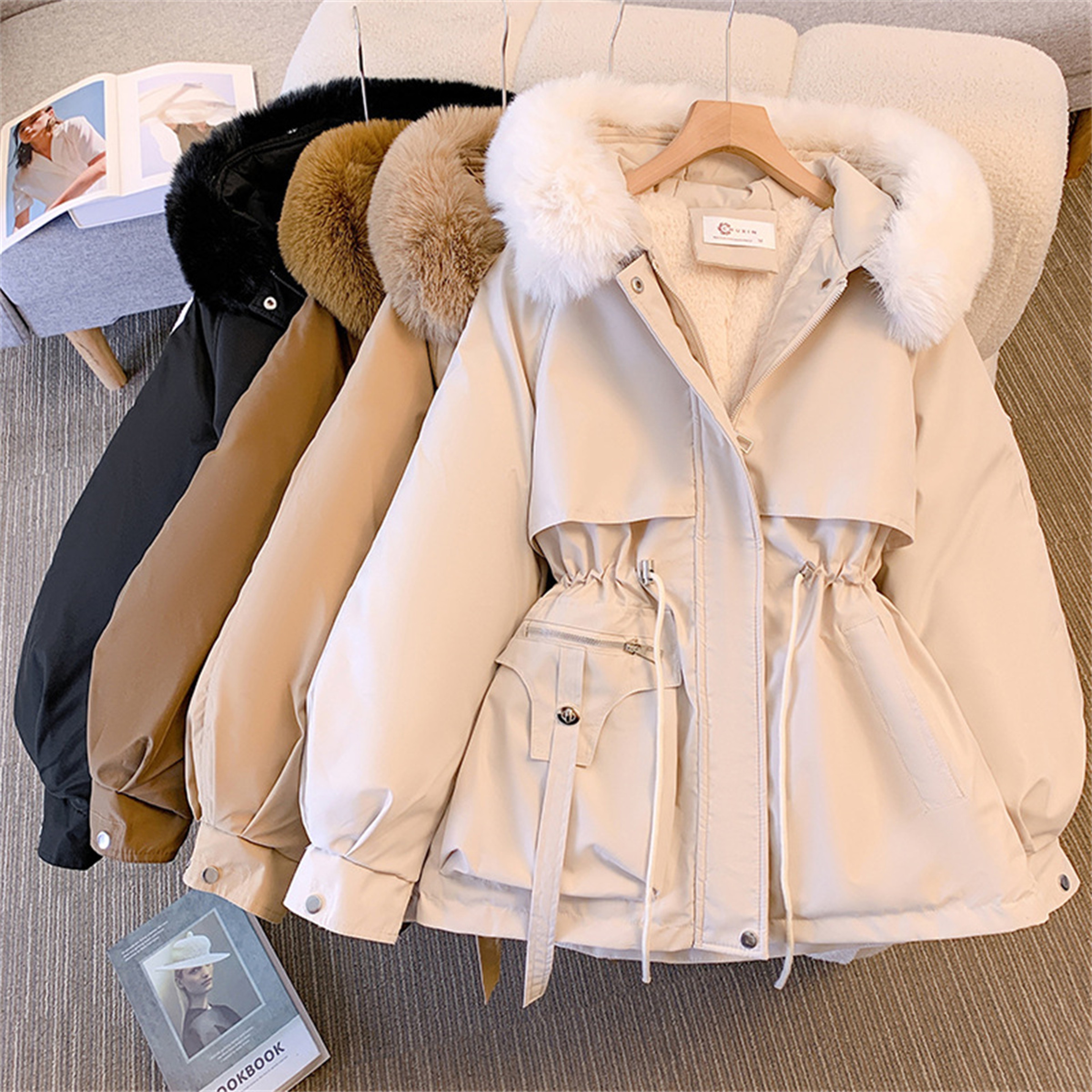 Women Winter Fashion Coats, Hooded Drawstring Jacket, Solid Padded Zip Up Parka, Casual Autumn Street wear Outfit – view 2