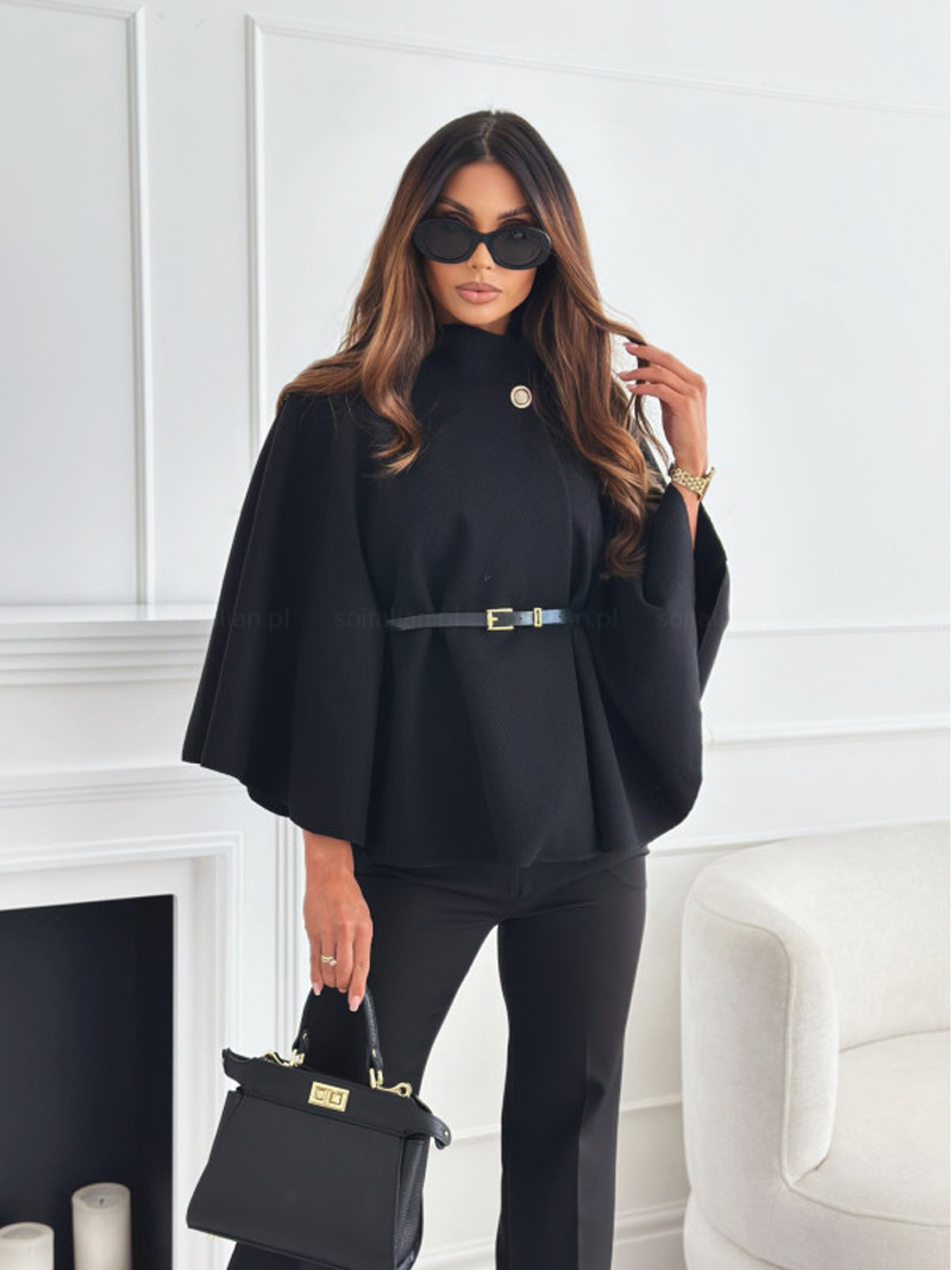 Women Tweed Waist Cinching Poncho, Autumn Winter Loose Outwear, Single Buckle Sleeve Coat Elegant Lady Trend – view 8