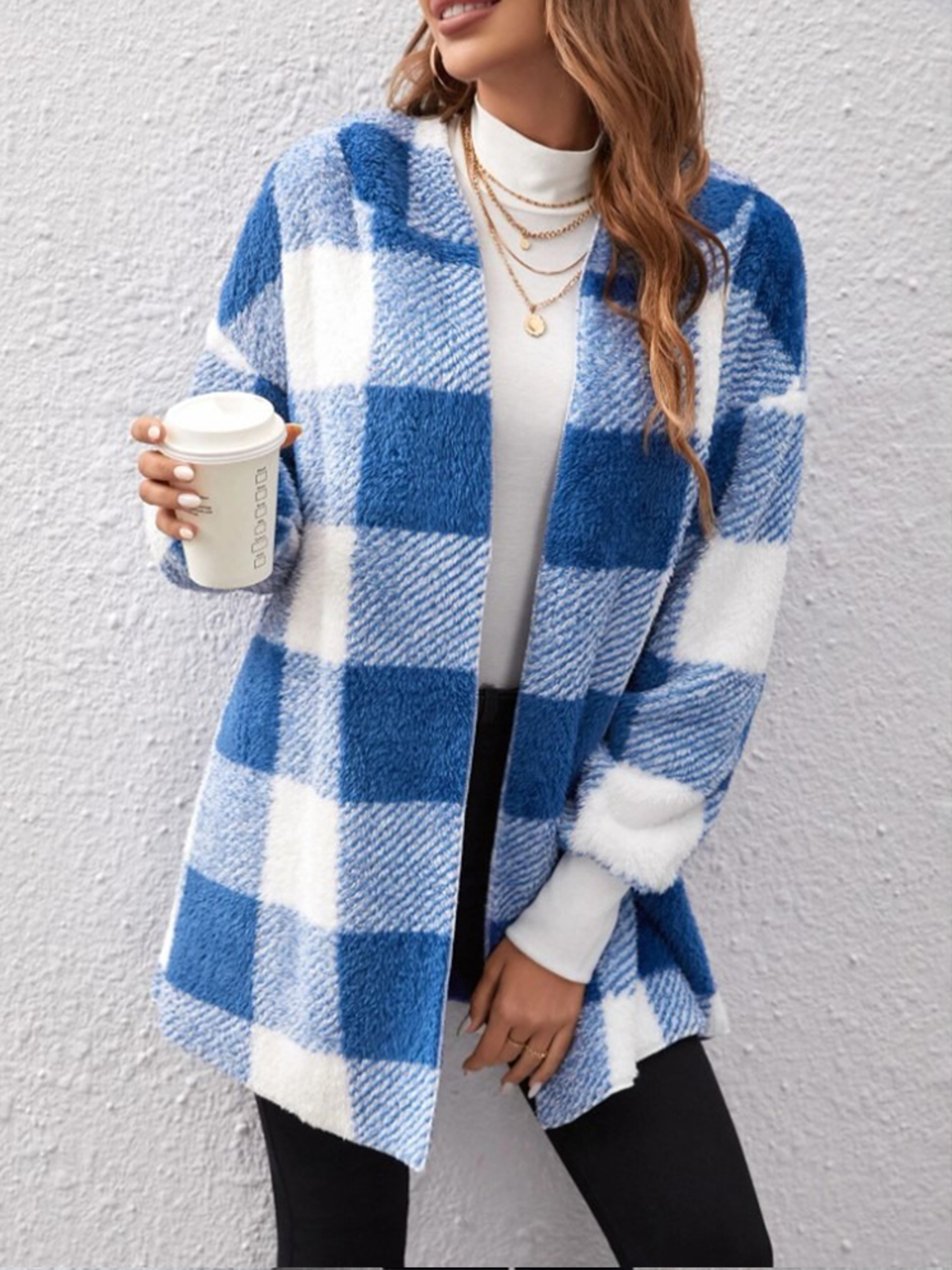 Winter Thick Color-blocked Womens Cardigan, Loose Ribbed Plaid Sweater, Warm Plush Cold-Resistance New Cozy Clothes – view 3