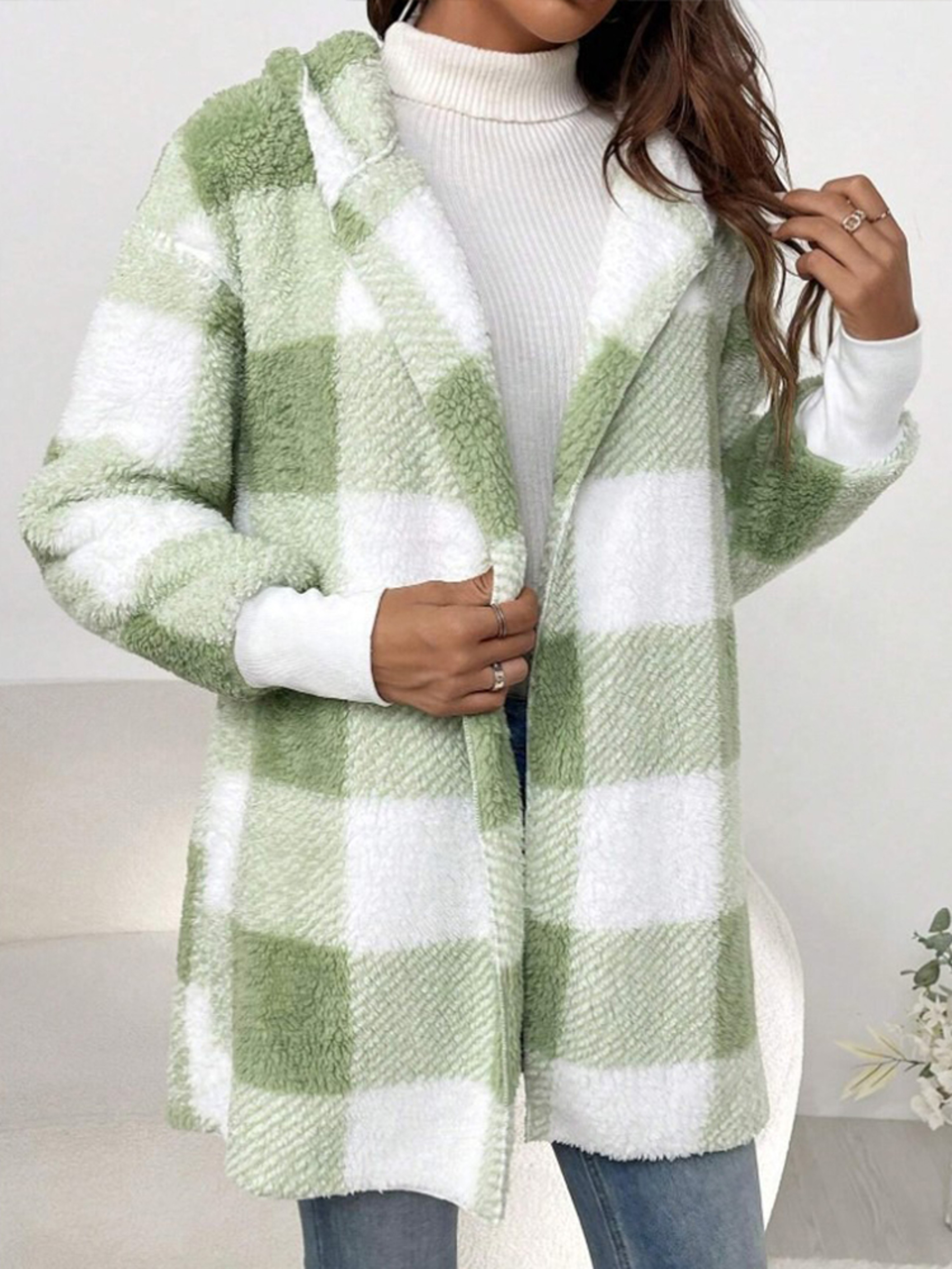 Winter Thick Color-blocked Womens Cardigan, Loose Ribbed Plaid Sweater, Warm Plush Cold-Resistance New Cozy Clothes – view 7
