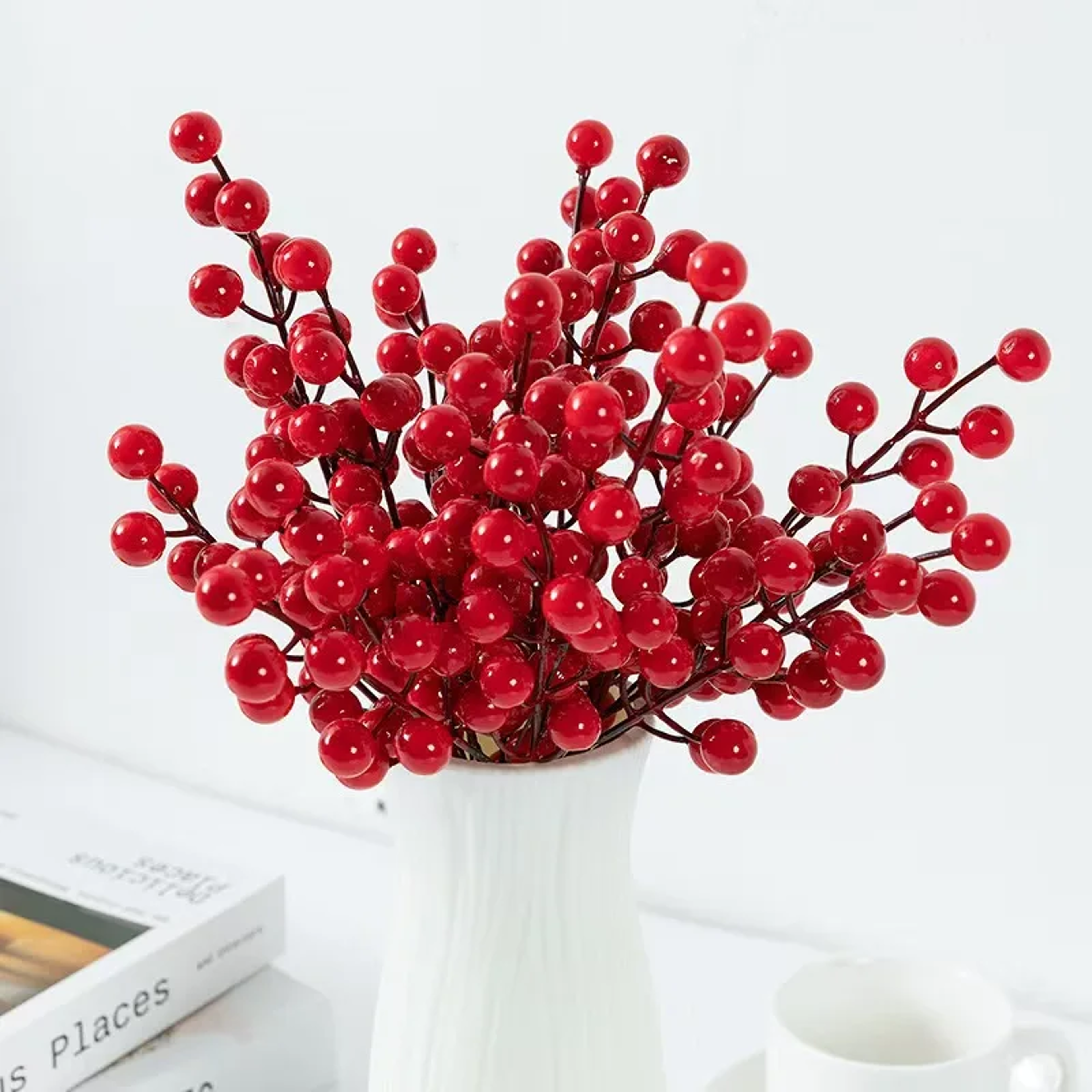 Berry Stems Christmas Tree Ornaments, Artificial Fruit Snow Frosted Red, DIY Crafts Wedding Decor New Year Decoration – view 1