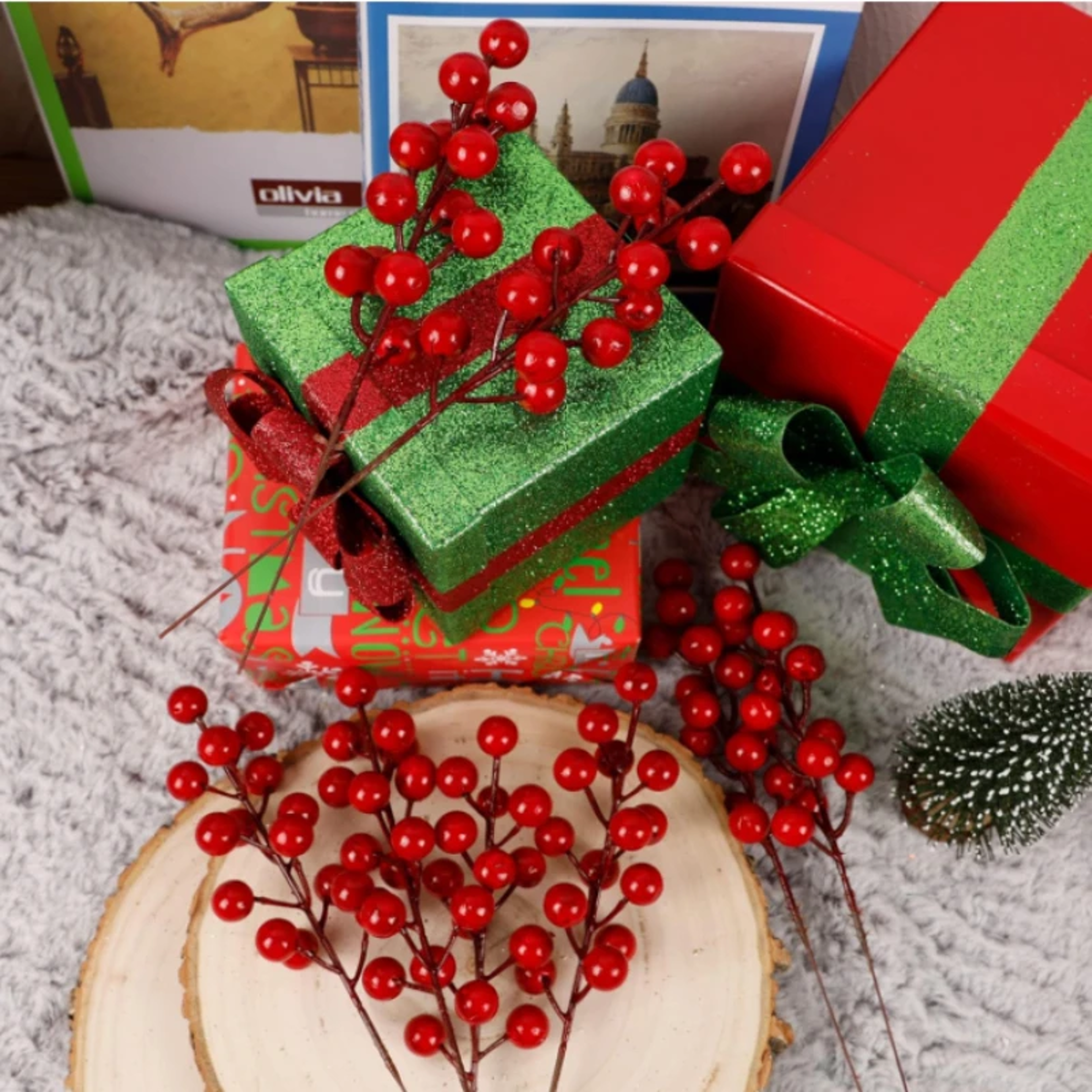 Berry Stems Christmas Tree Ornaments, Artificial Fruit Snow Frosted Red, DIY Crafts Wedding Decor New Year Decoration – view 5