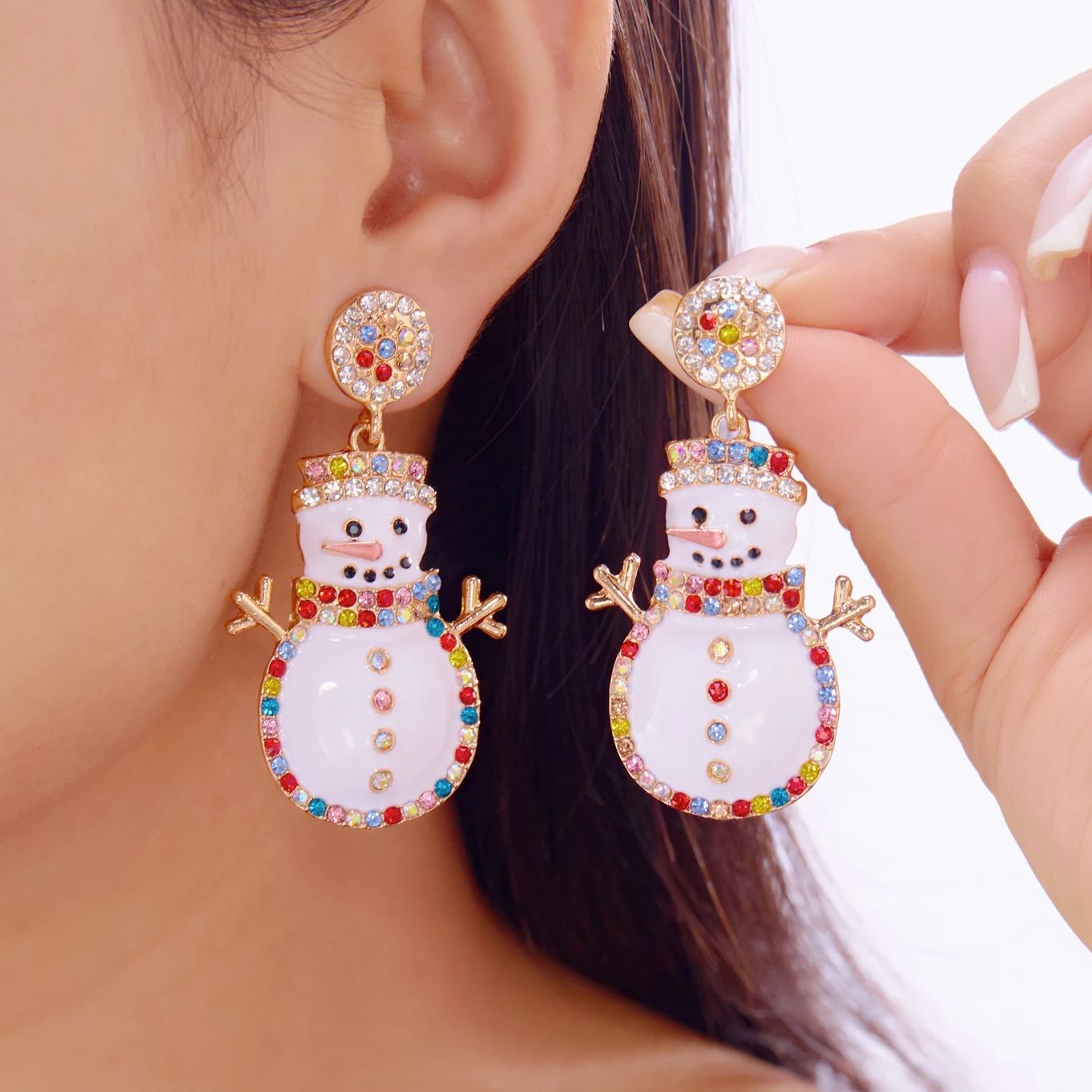 Christmas Earrings for Women Minimalist, Exquisite Rhinestone Snowman, Tree Bell Bow Earrings, New Year Friendship Jewel – view 4