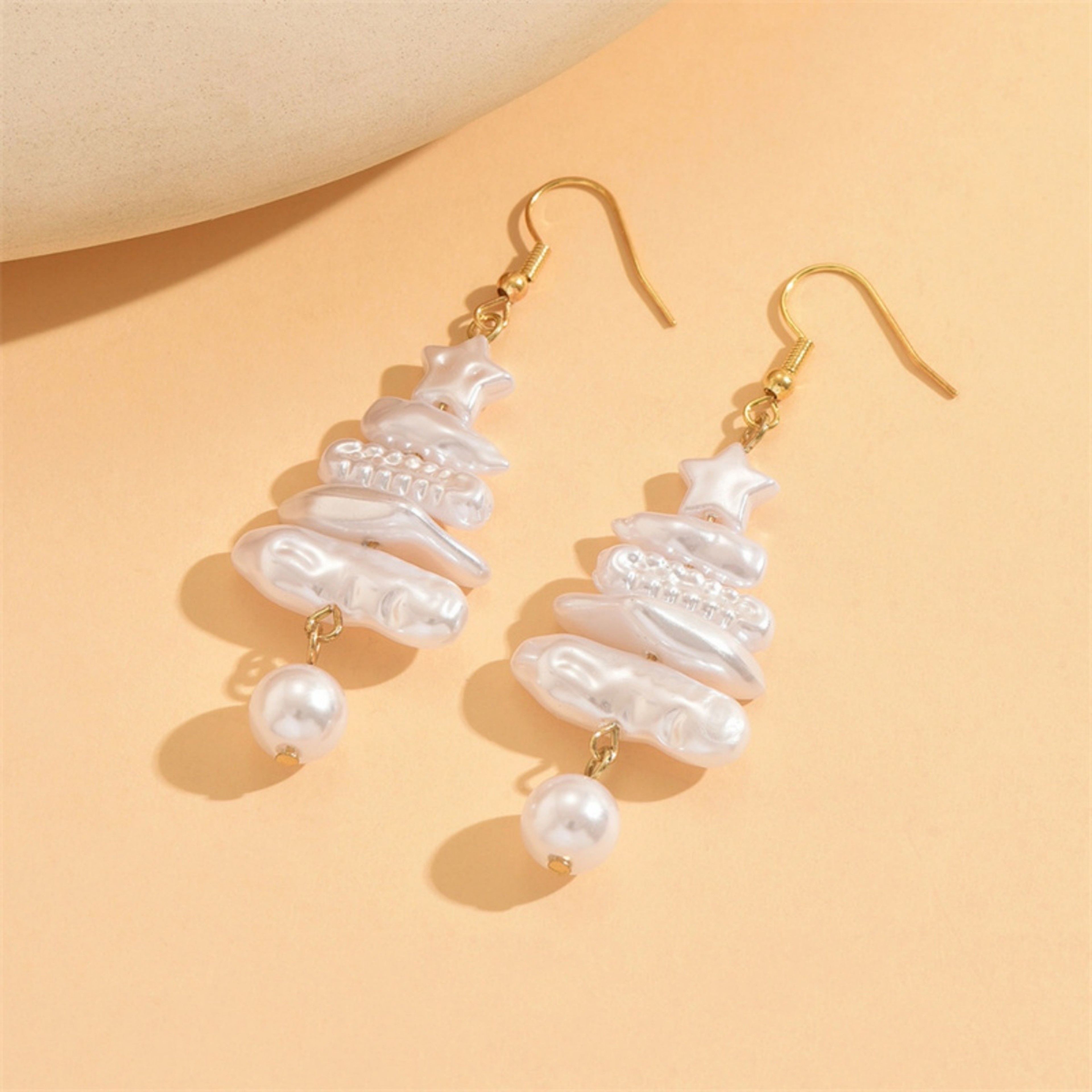 Baroque Irregular Imitation Pearl, Holiday Xmas Tree Drop Earrings, Stacked Star Tree Earring Christmas Jewelry Gift – view 1