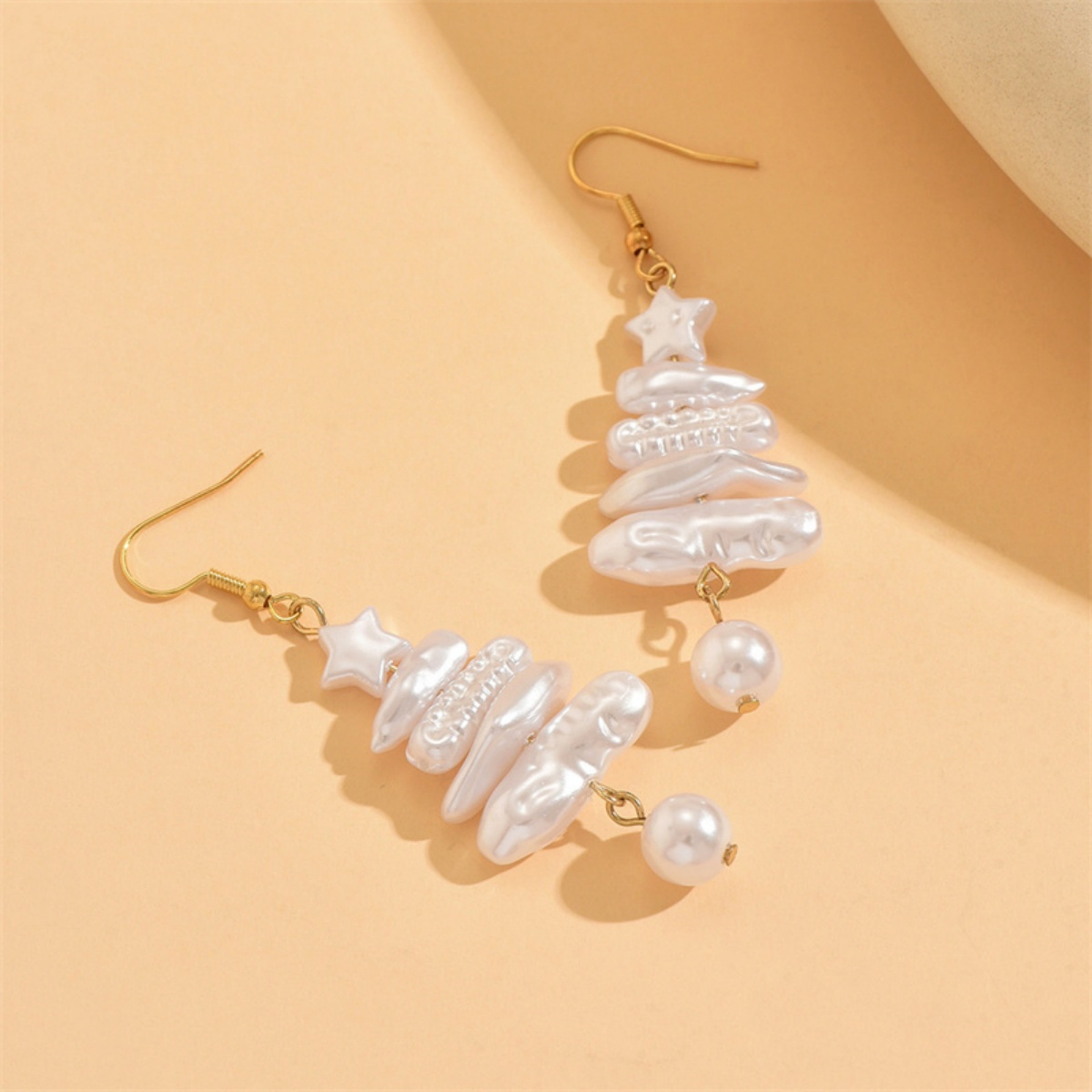 Baroque Irregular Imitation Pearl, Holiday Xmas Tree Drop Earrings, Stacked Star Tree Earring Christmas Jewelry Gift – view 3