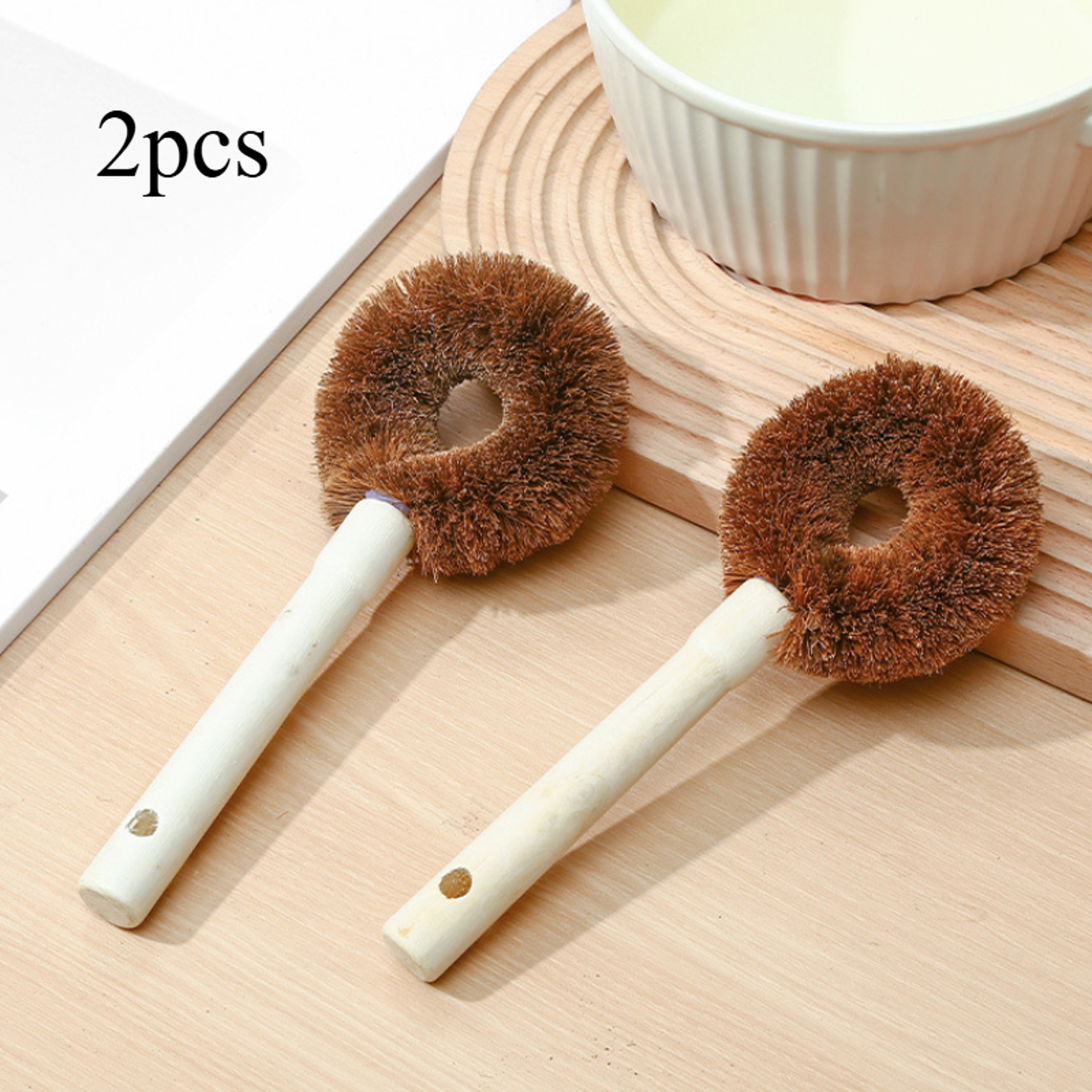 Coconut Fiber Pot Scrubber Brush Set with Long Handle & Wooden Grip for Non Stick Cookware – view 7