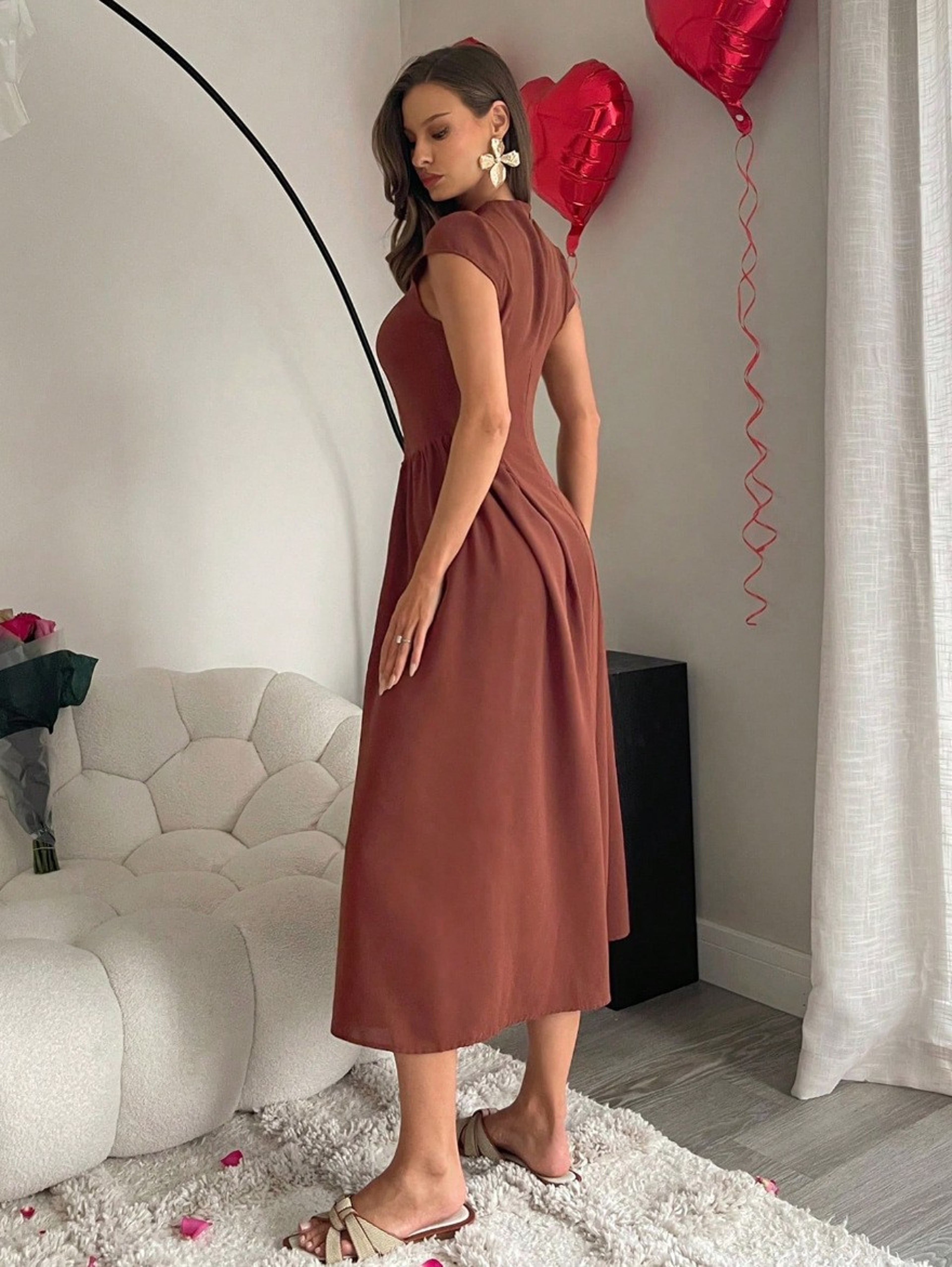 Elegant High Waist Flare Midi Dress For Women Summer Cocktail Party Dress 5