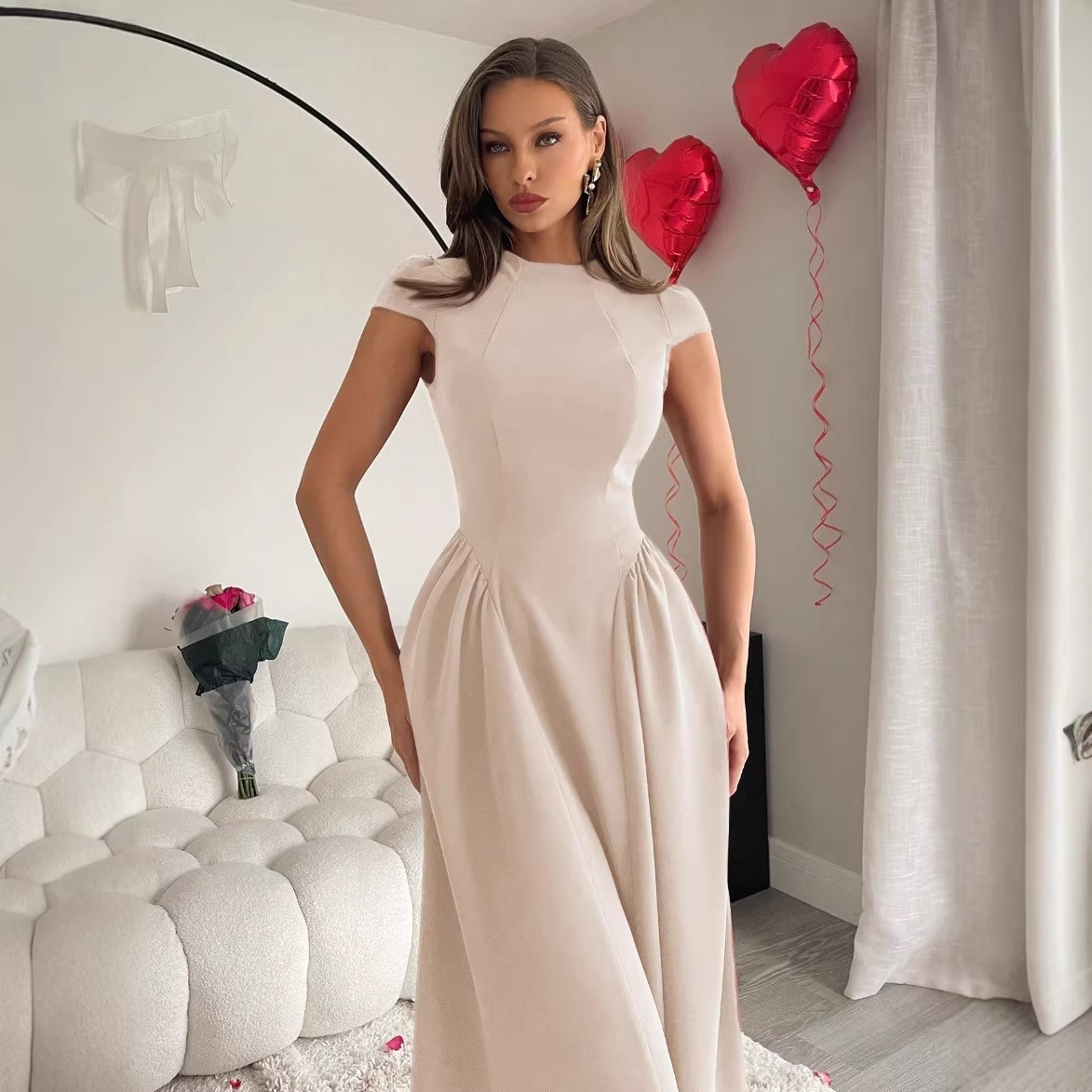 Elegant High Waist Flare Midi Dress For Women Summer Cocktail Party Dress 6