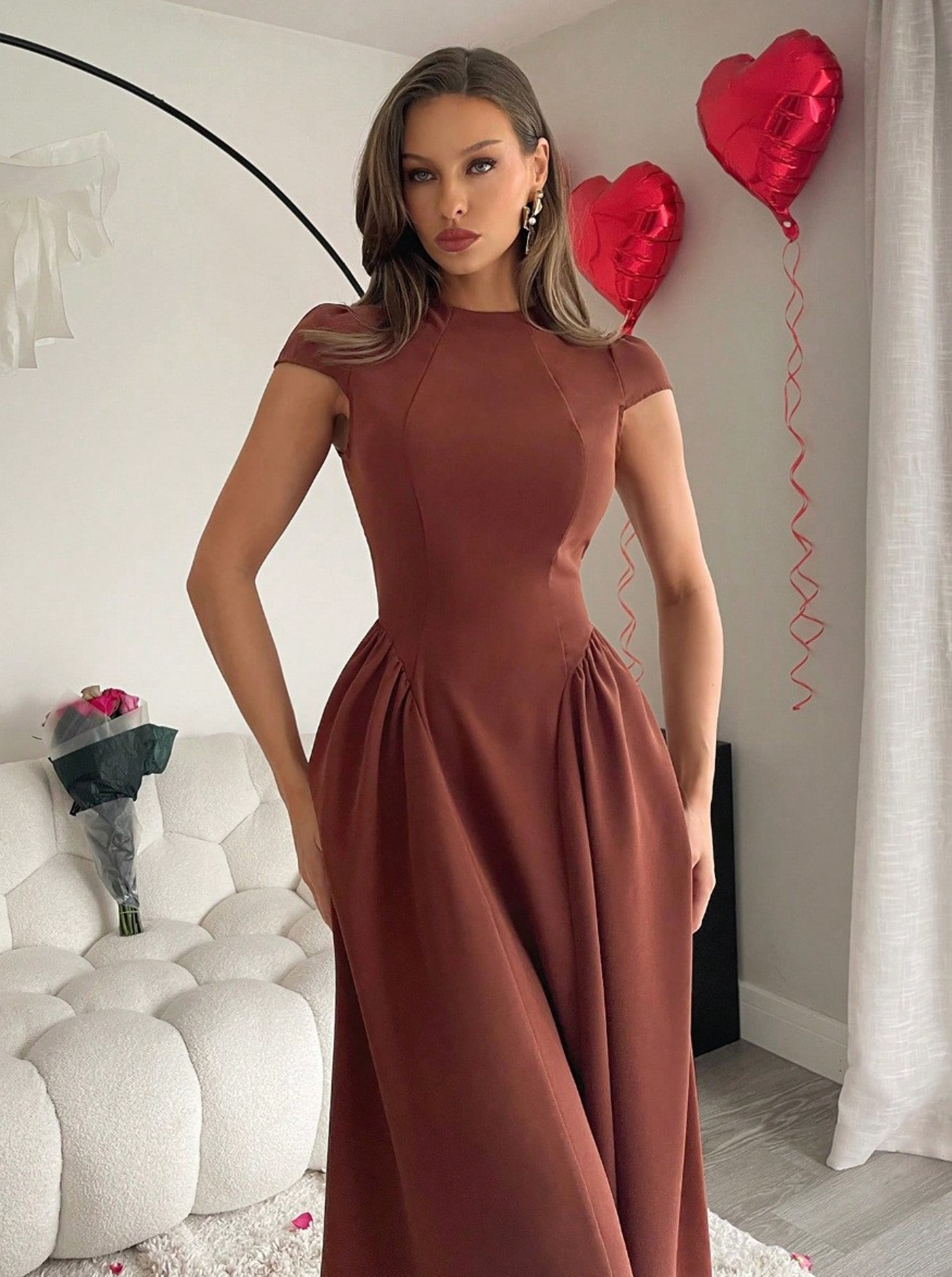 Elegant High Waist Flare Midi Dress For Women Summer Cocktail Party Dress 1