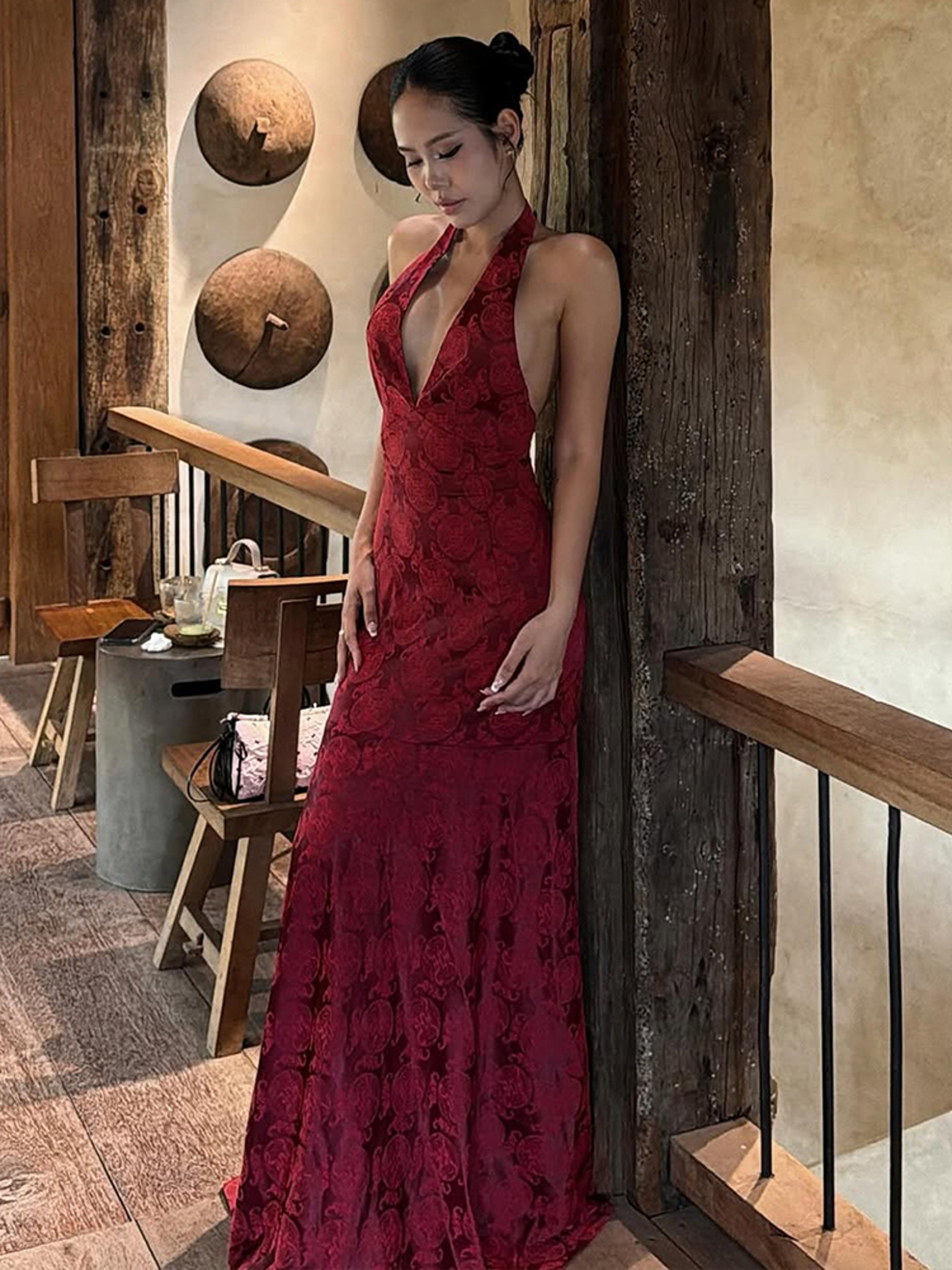 Elegant Deep V Neck Halter Backless Maxi Dress For Prom  Evening Events 3