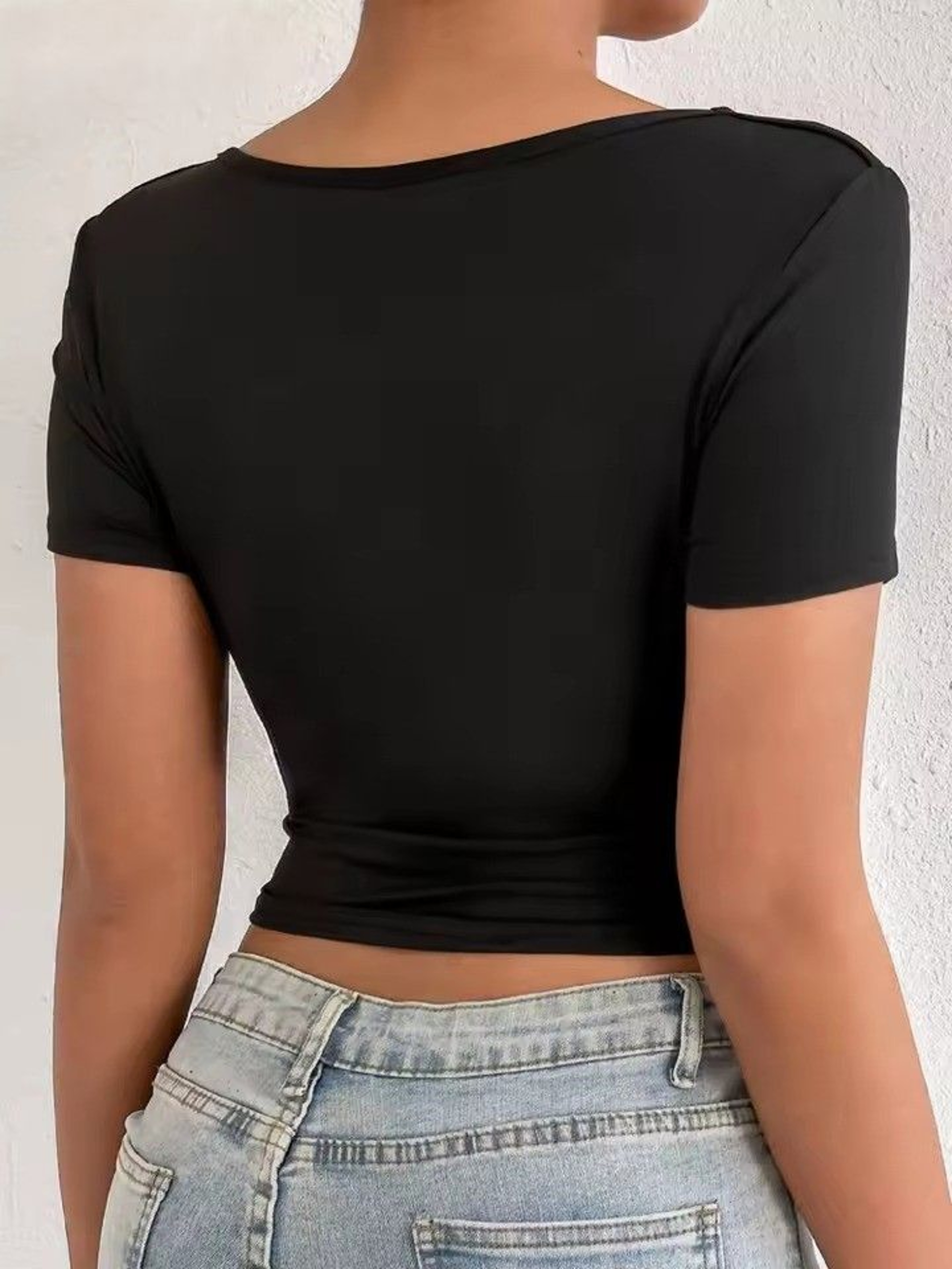 Summer V Neck Bodycon Crop Top Women Black Party Short Sleeve Club Top 1