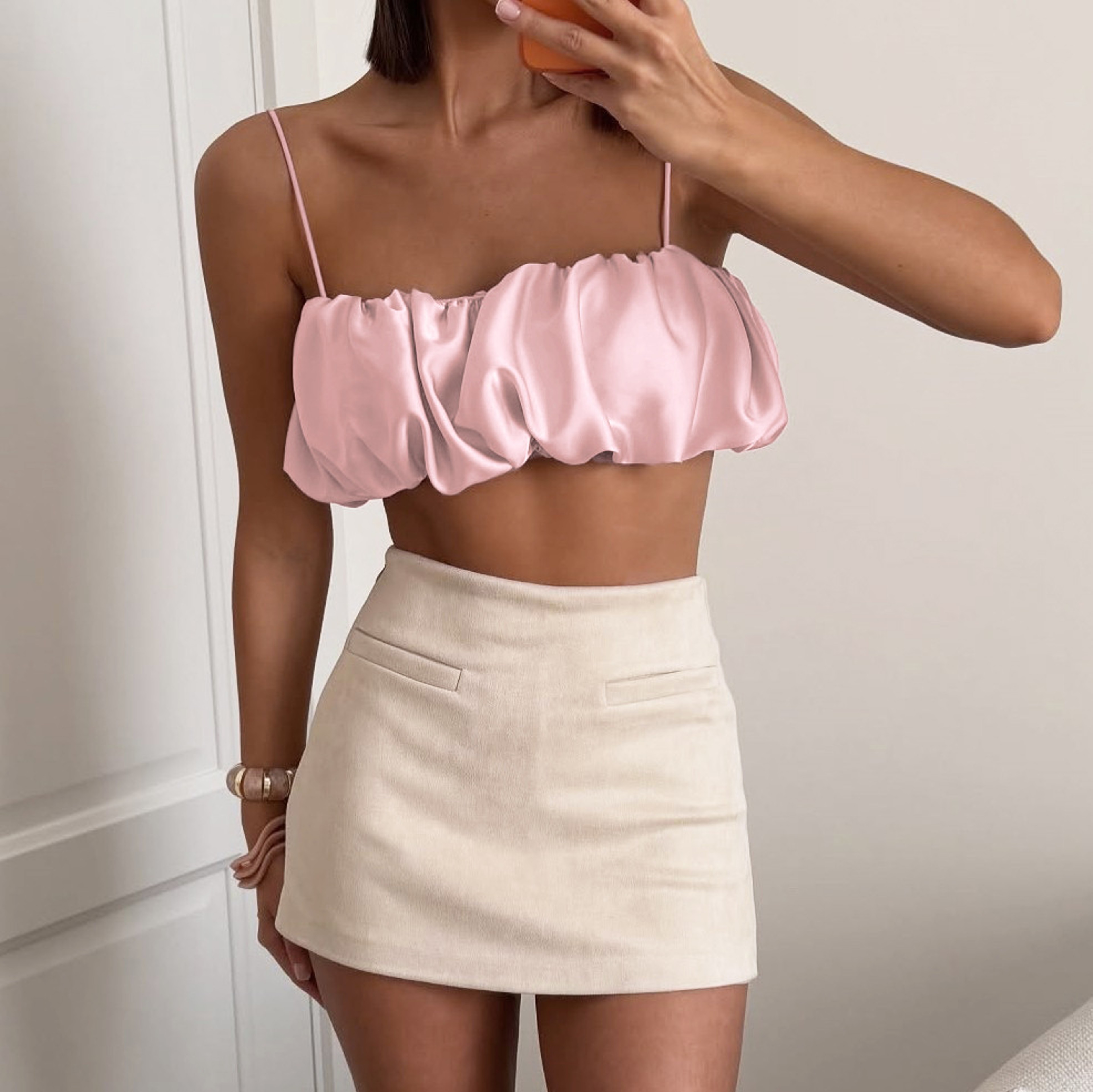 Elegant Satin Bubble Crop Top For Women Chic Summer Slip Crop Blouse 2