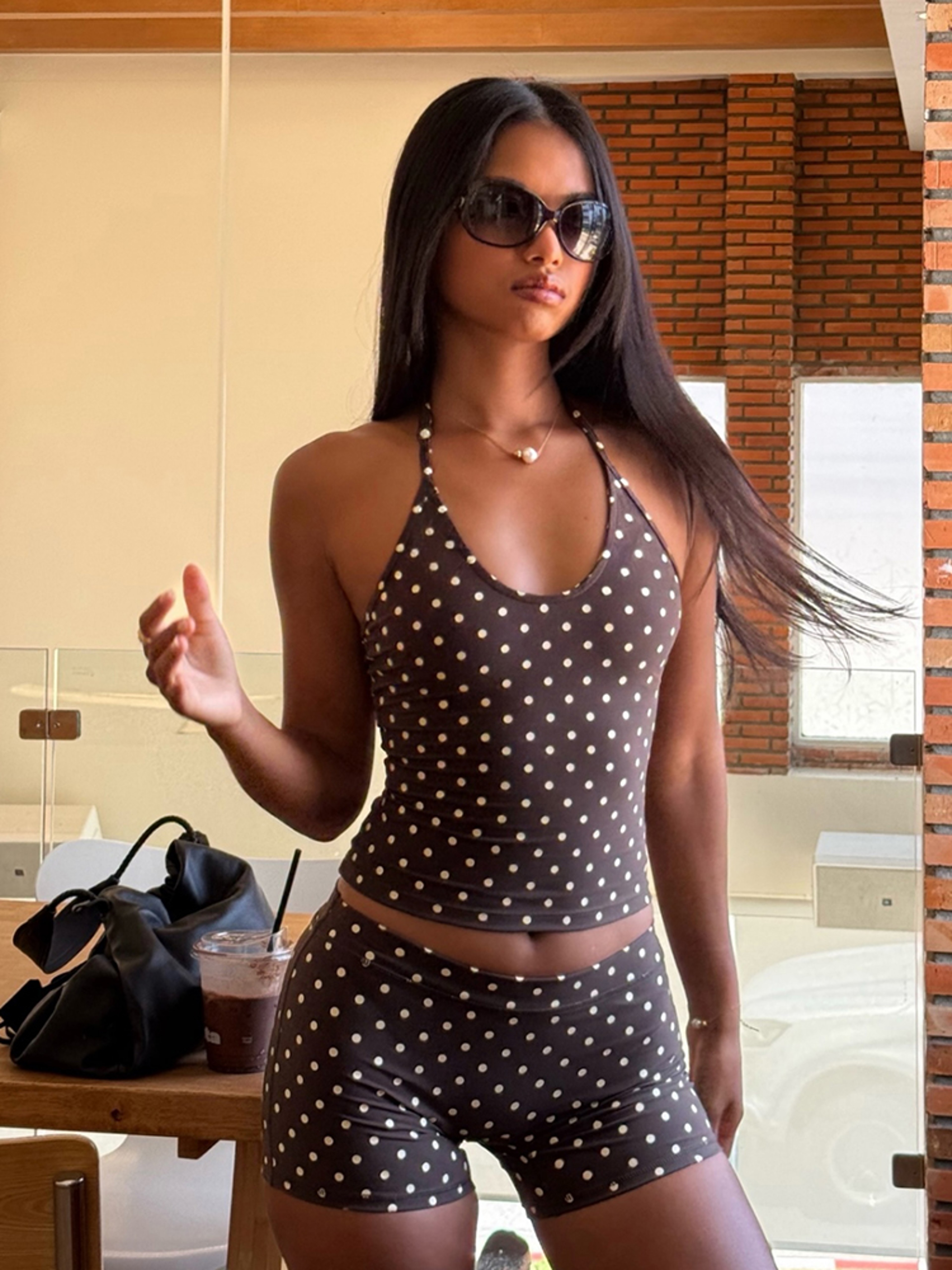 Retro Chic Polka Dot Halter Top  Biker Shorts Set For Women 0