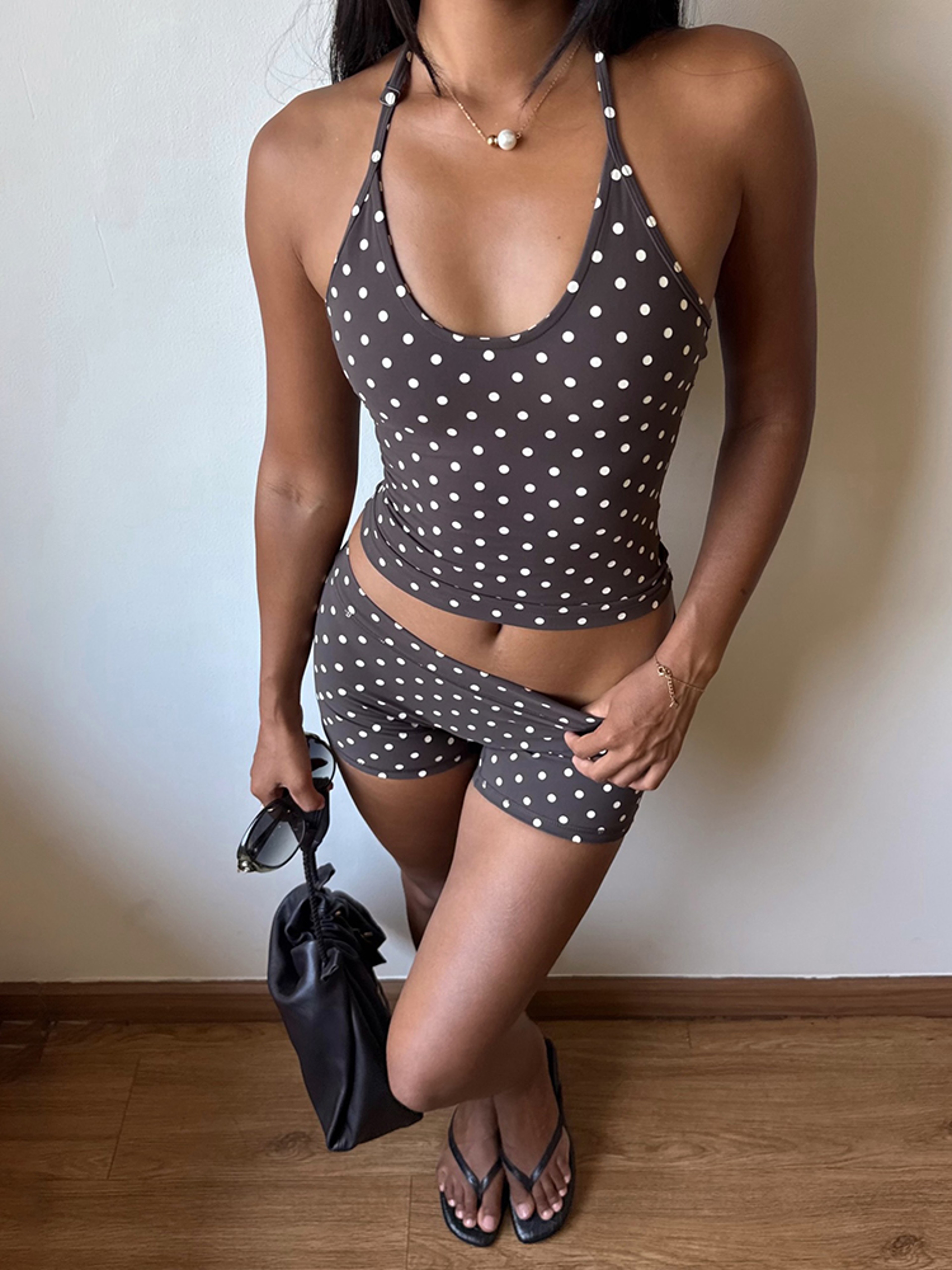 Retro Chic Polka Dot Halter Top  Biker Shorts Set For Women 5