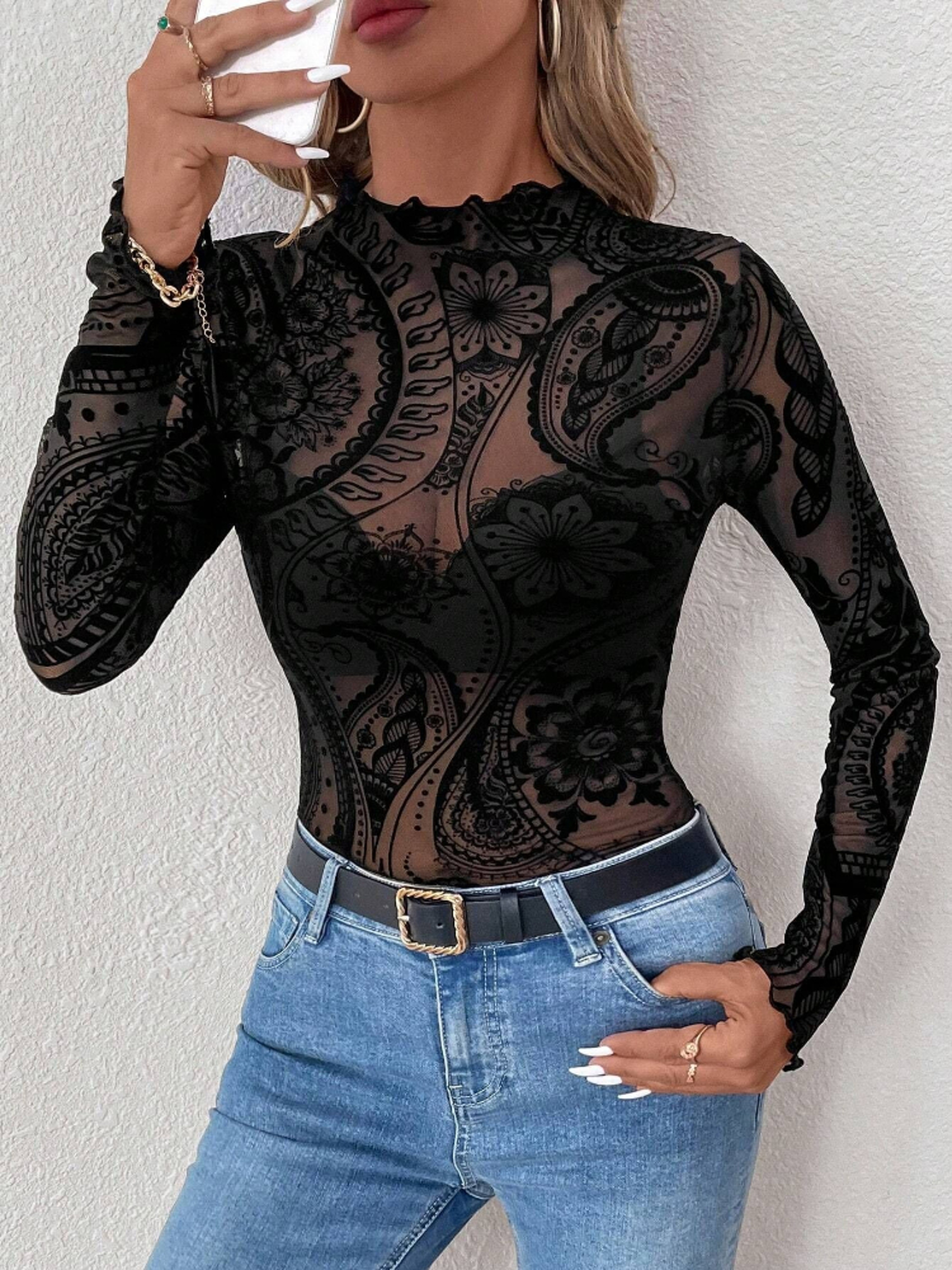 Elegant Lace Mesh Mock Neck Long Sleeve Blouse for Women – view 3