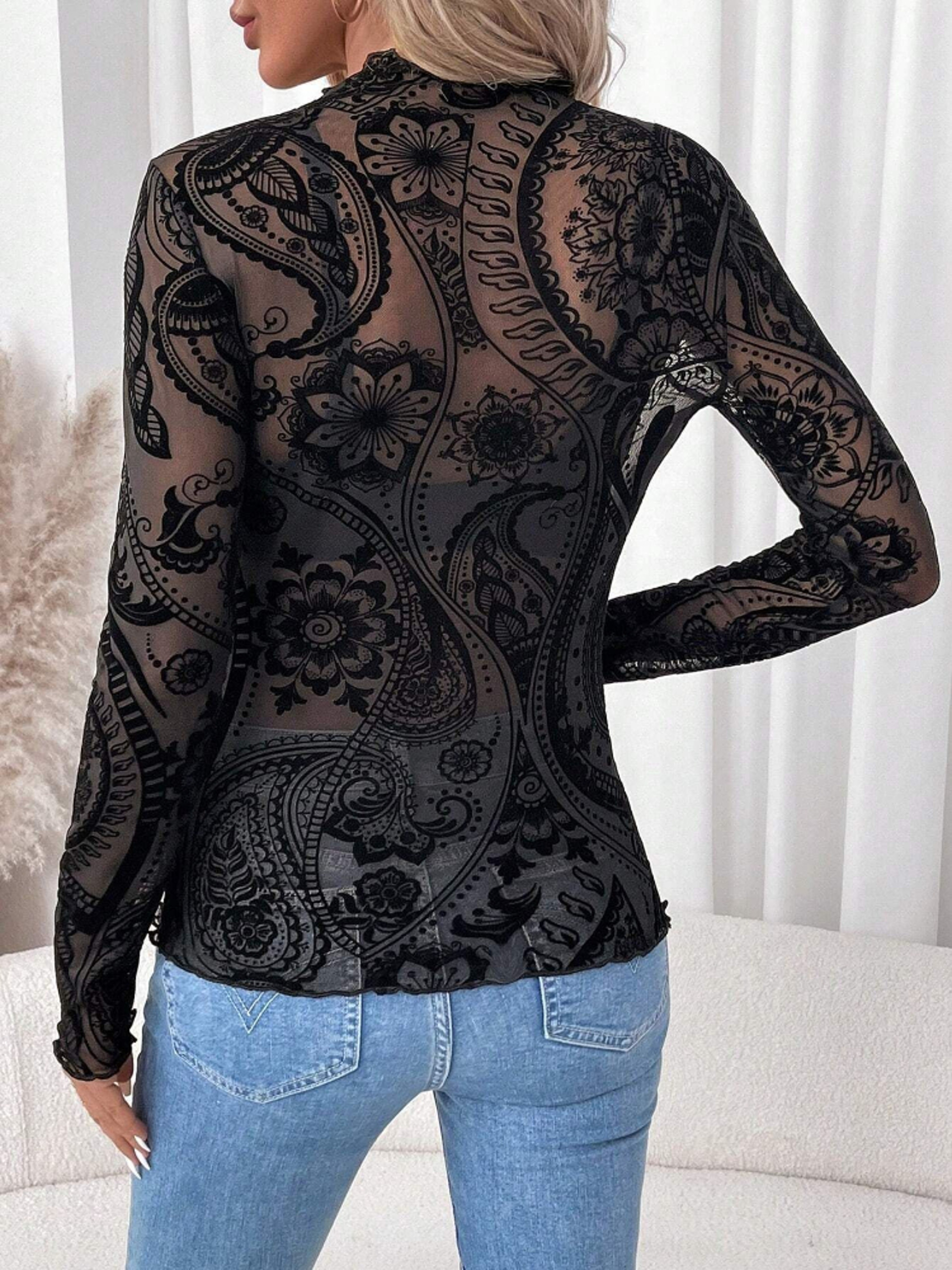 Elegant Lace Mesh Mock Neck Long Sleeve Blouse for Women – view 6