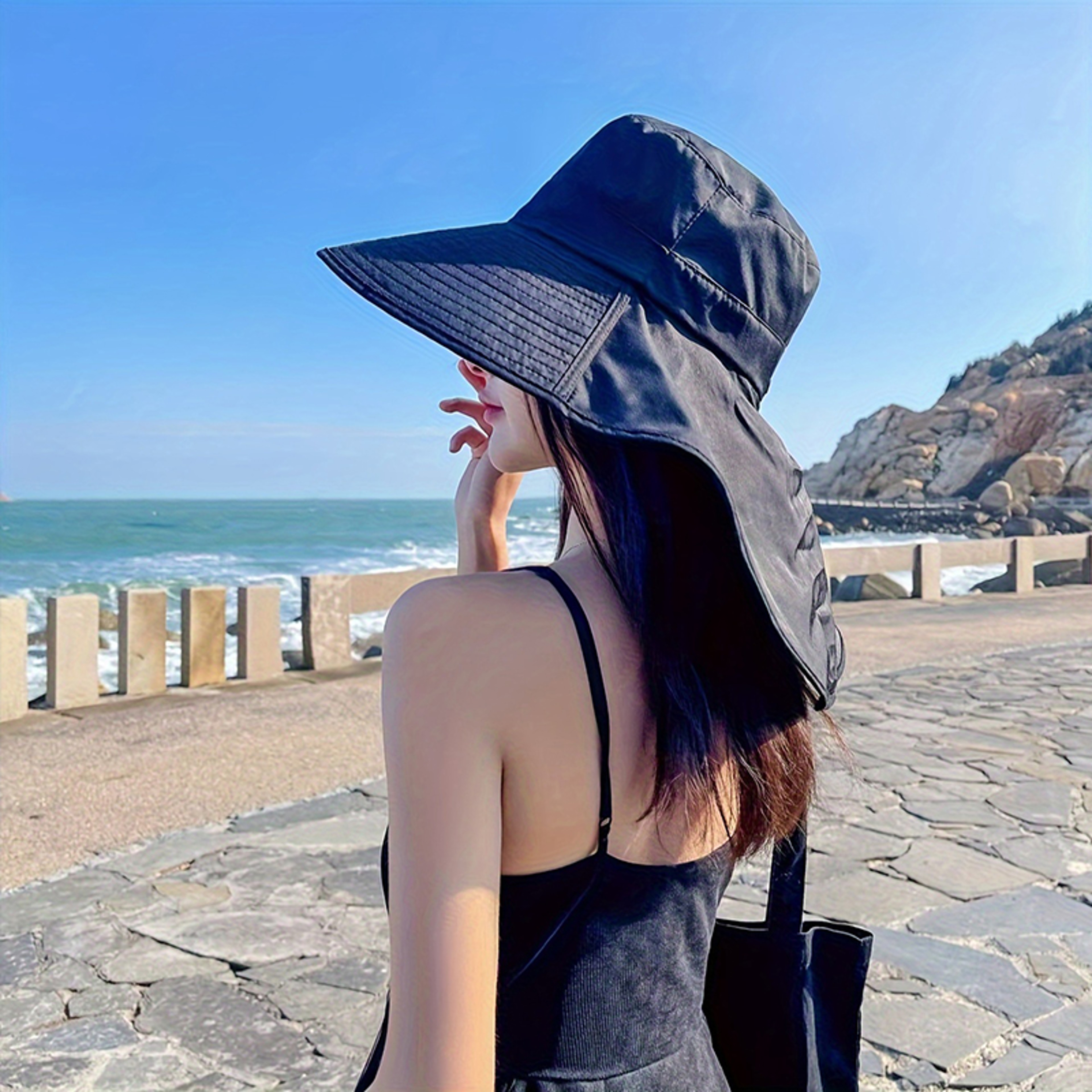 Wide Brim Ponytail Sun Hat With Neck Protection For Women Outdoor UV Fishing  Beach Hat 3