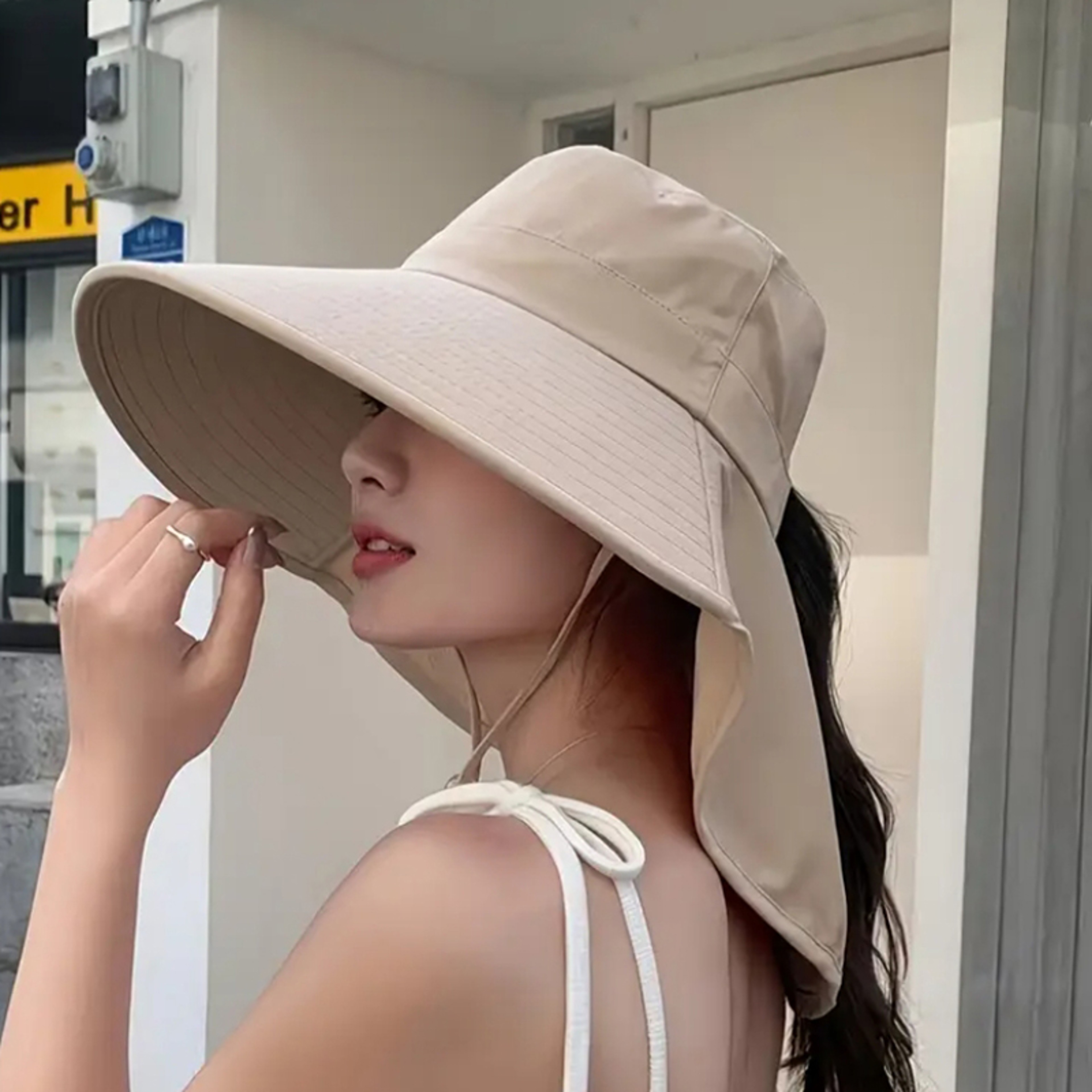 Wide Brim Ponytail Sun Hat With Neck Protection For Women Outdoor UV Fishing  Beach Hat 0