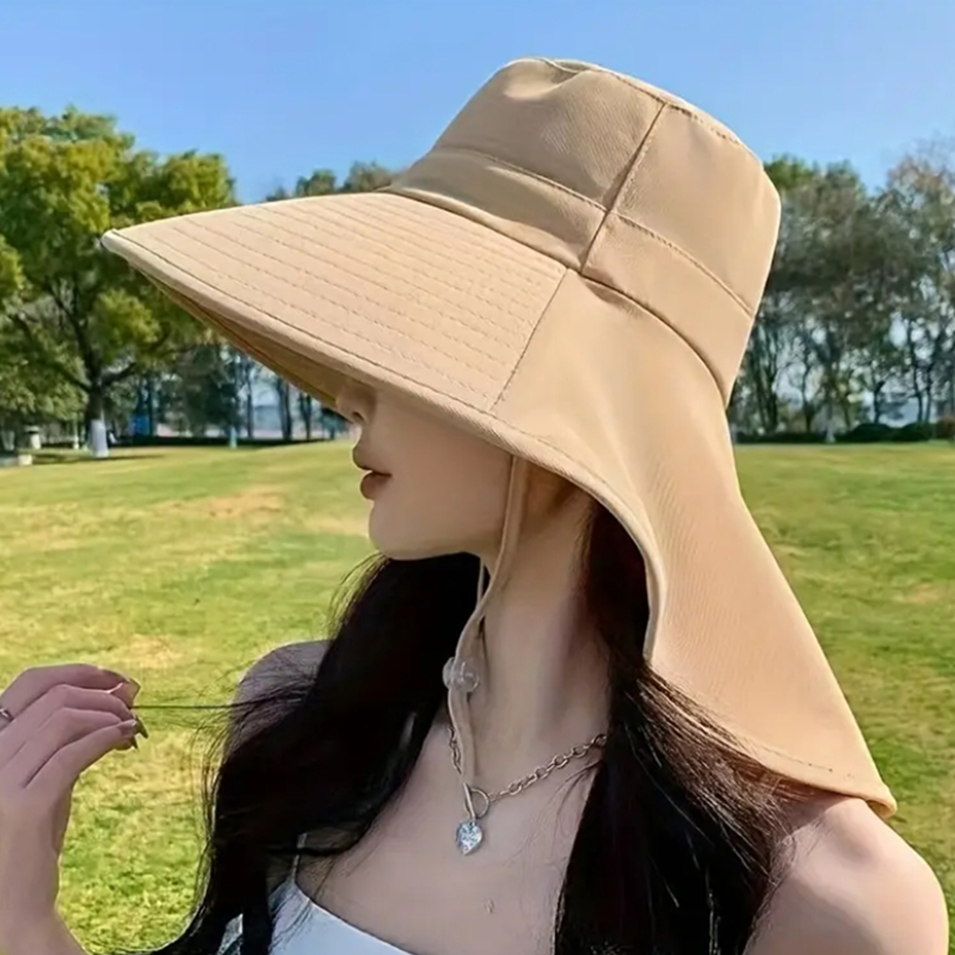 Wide Brim Ponytail Sun Hat With Neck Protection For Women Outdoor UV Fishing  Beach Hat 1