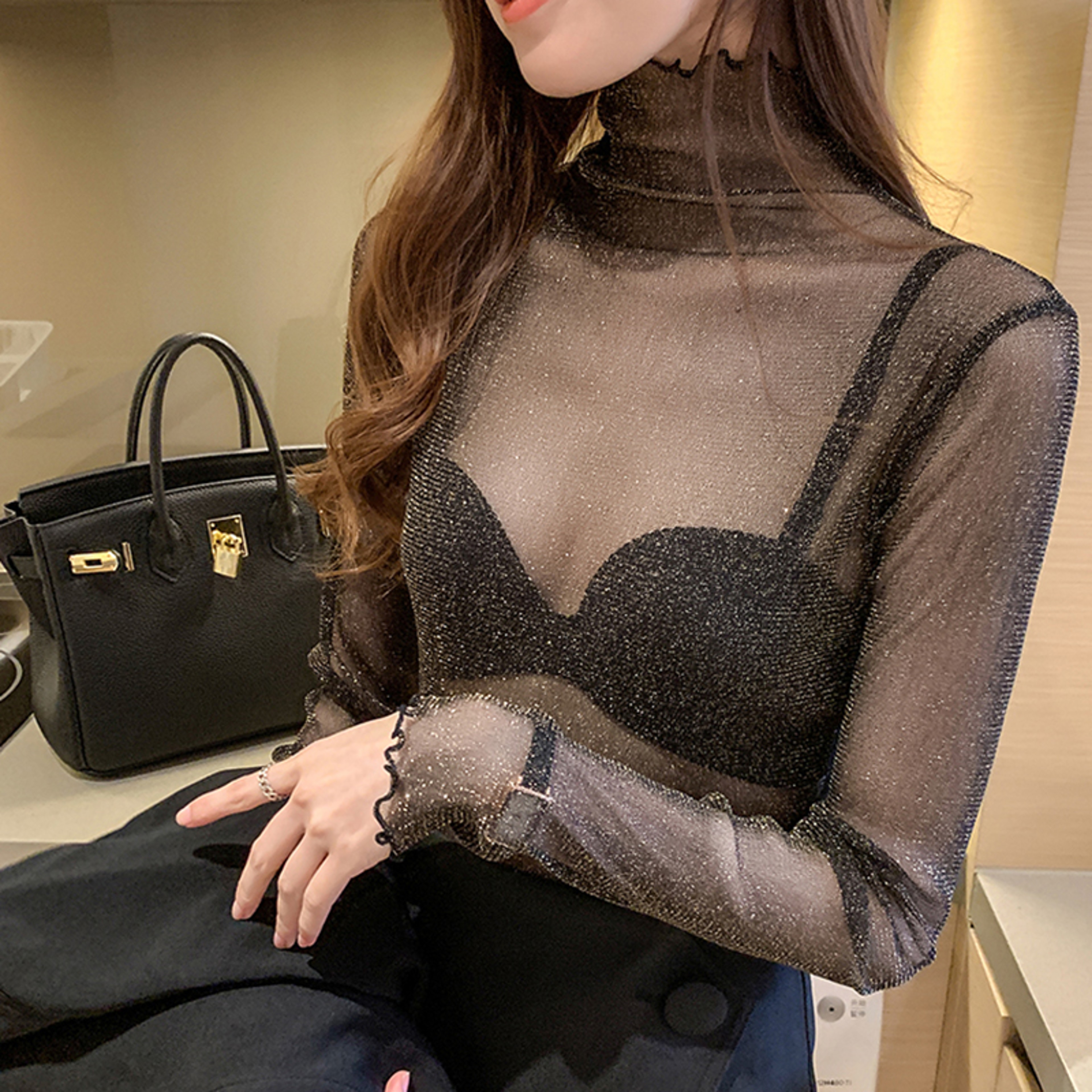 Elegant Sheer Mesh Blouse Long Sleeve Sparkly See Through Top for Women – view 2