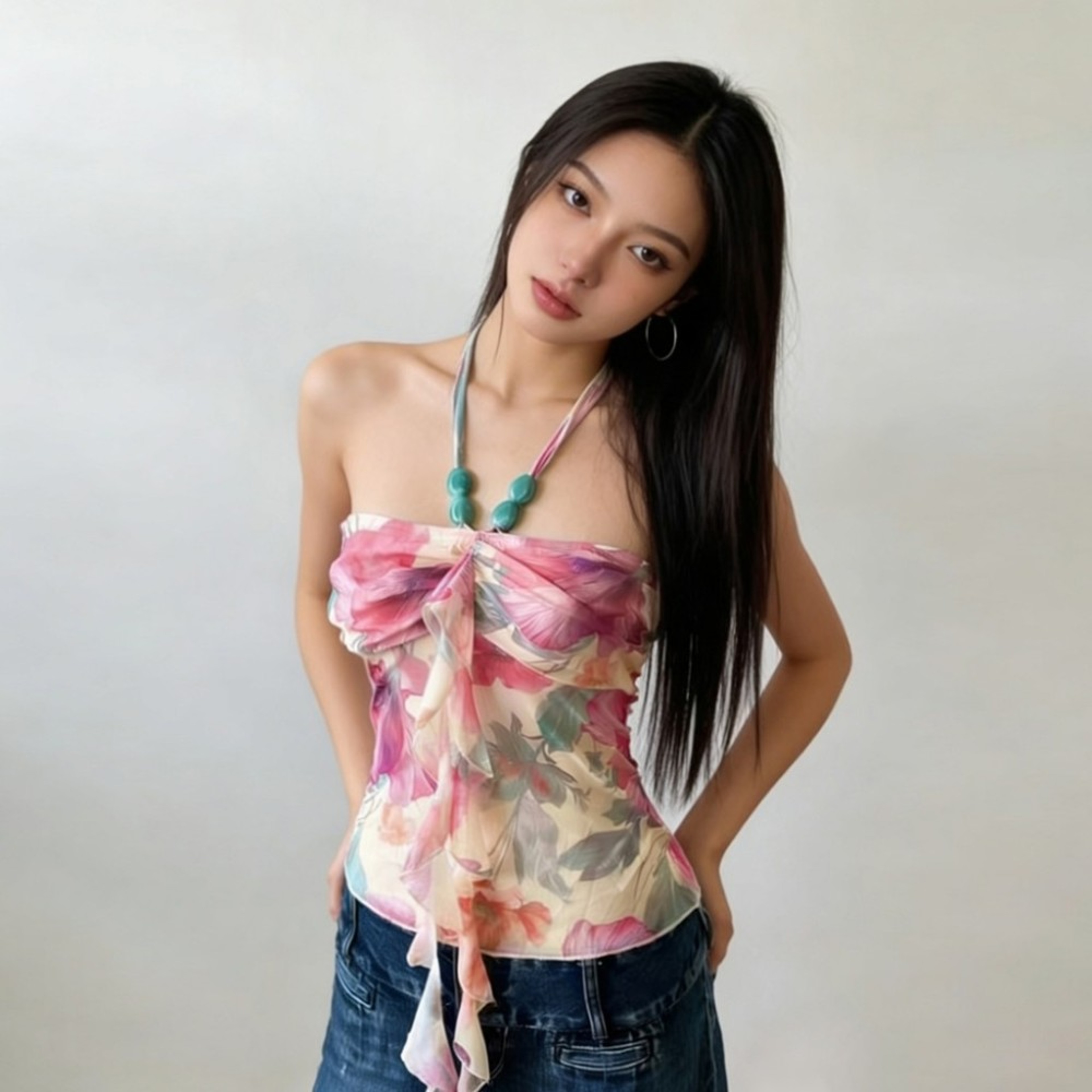 Colorful Halter Top Backless Ruffle Cami With Beaded Tassel Detail 3