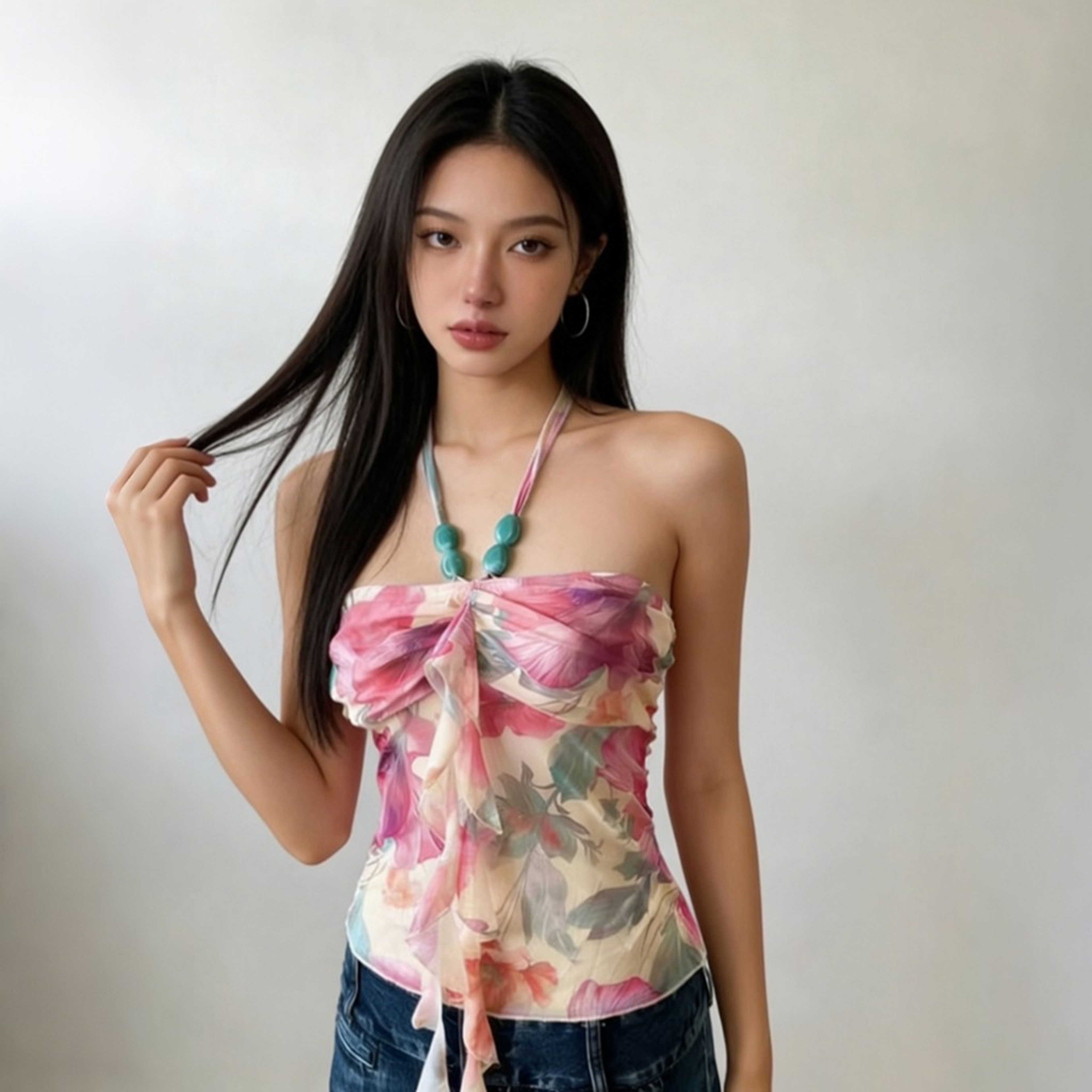 Colorful Halter Top Backless Ruffle Cami With Beaded Tassel Detail 1