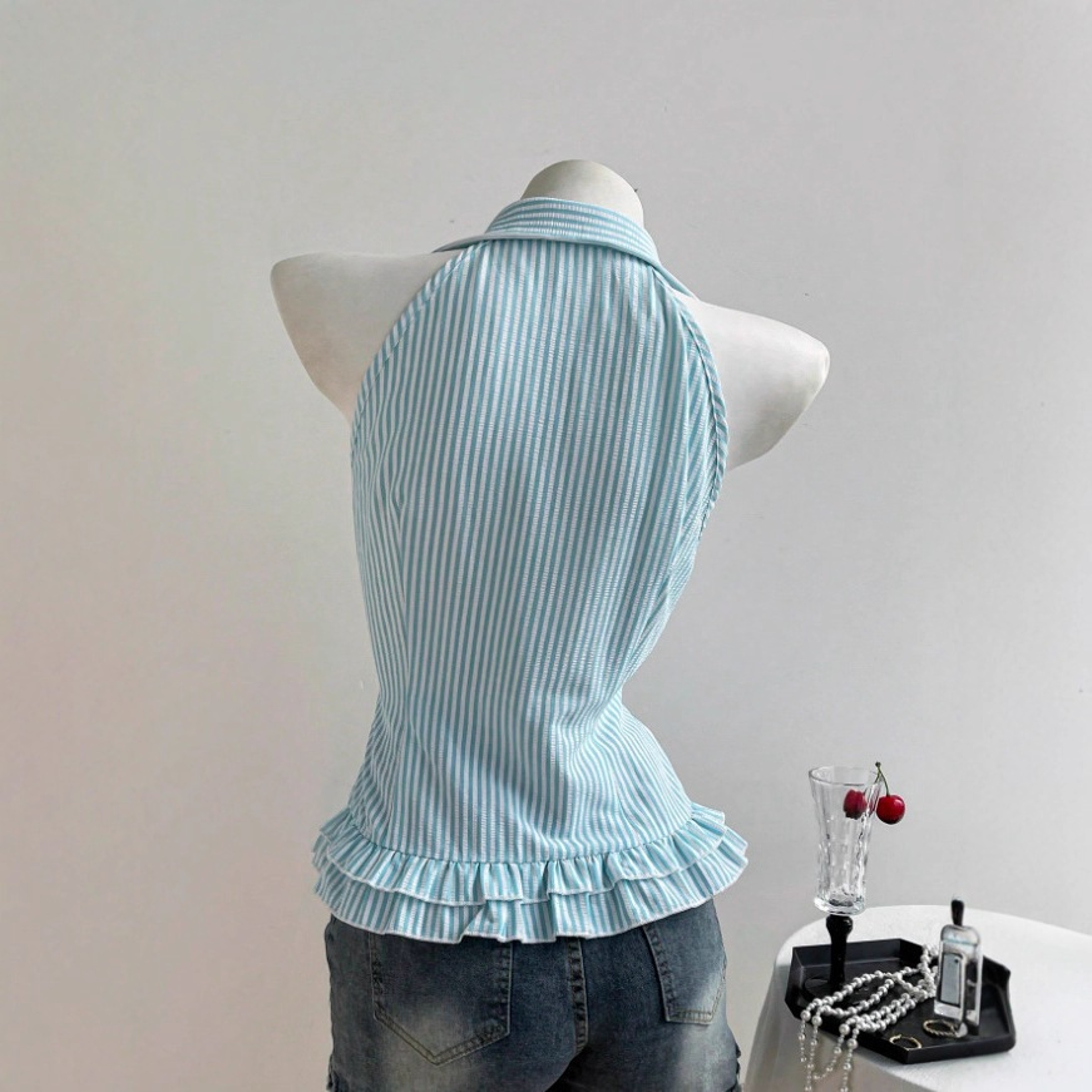 French Chic Striped Tank Top Off Shoulder V Neck Waist Cinching Summer Top – view 2