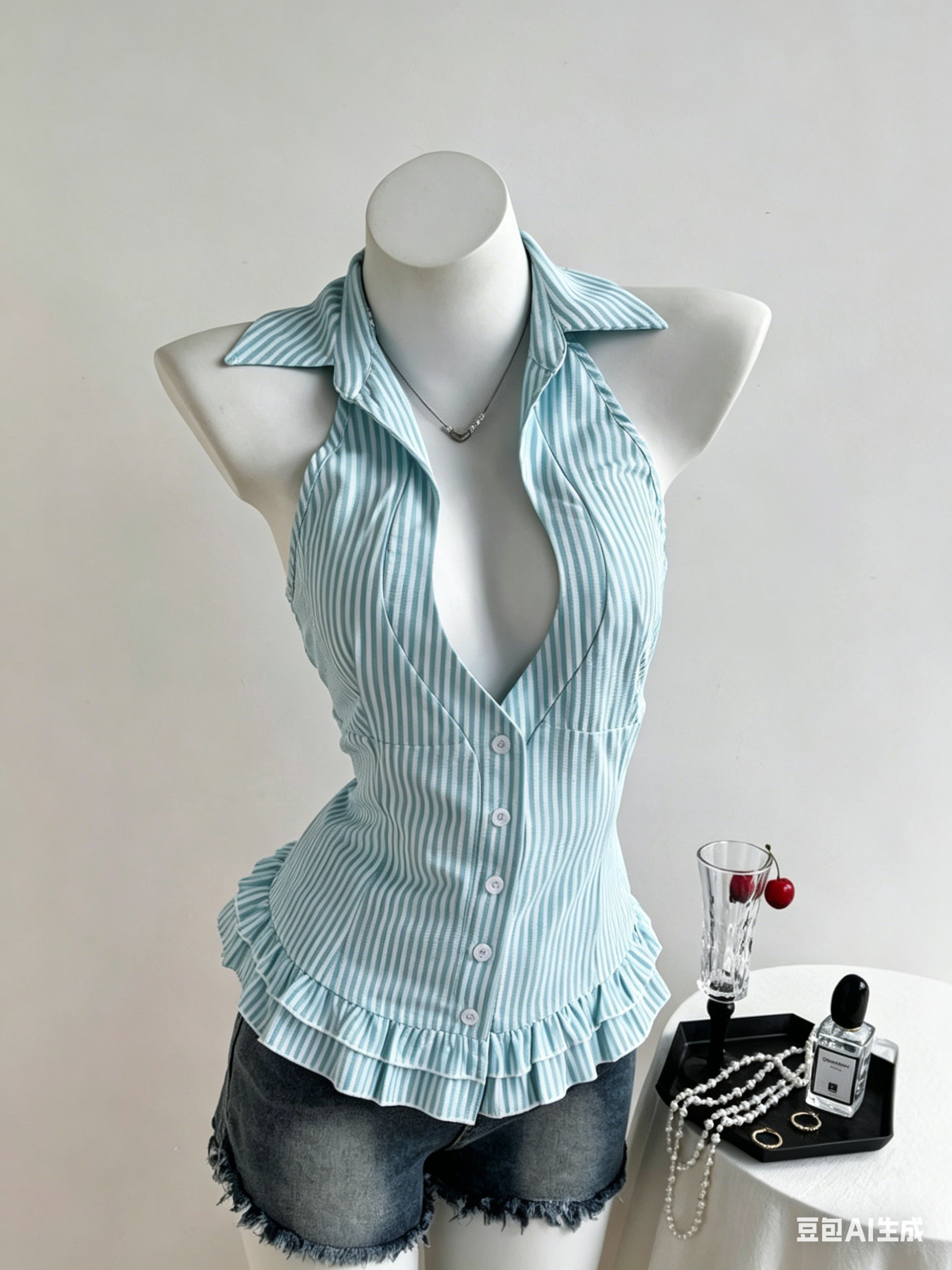 French Chic Striped Tank Top Off Shoulder V Neck Waist Cinching Summer Top – view 7